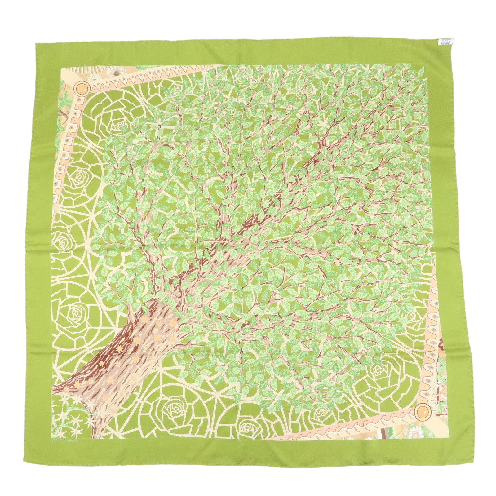 HERMES Carre 90 Silk 100% Scarf AXIS MUNDI Green Brown