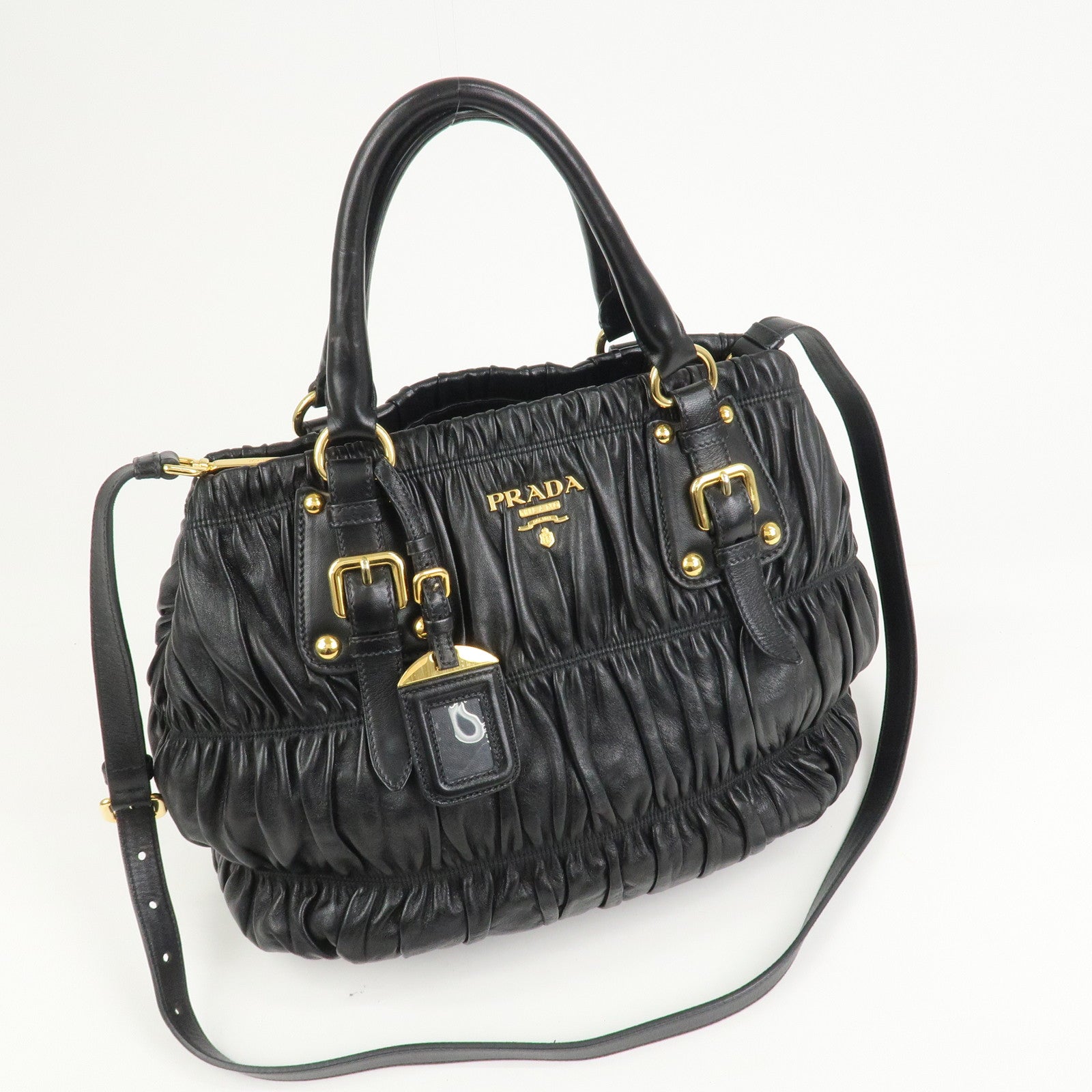 PRADA Leather Gathered 2Way Shoulder Bag Hand Bag Black BN1789
