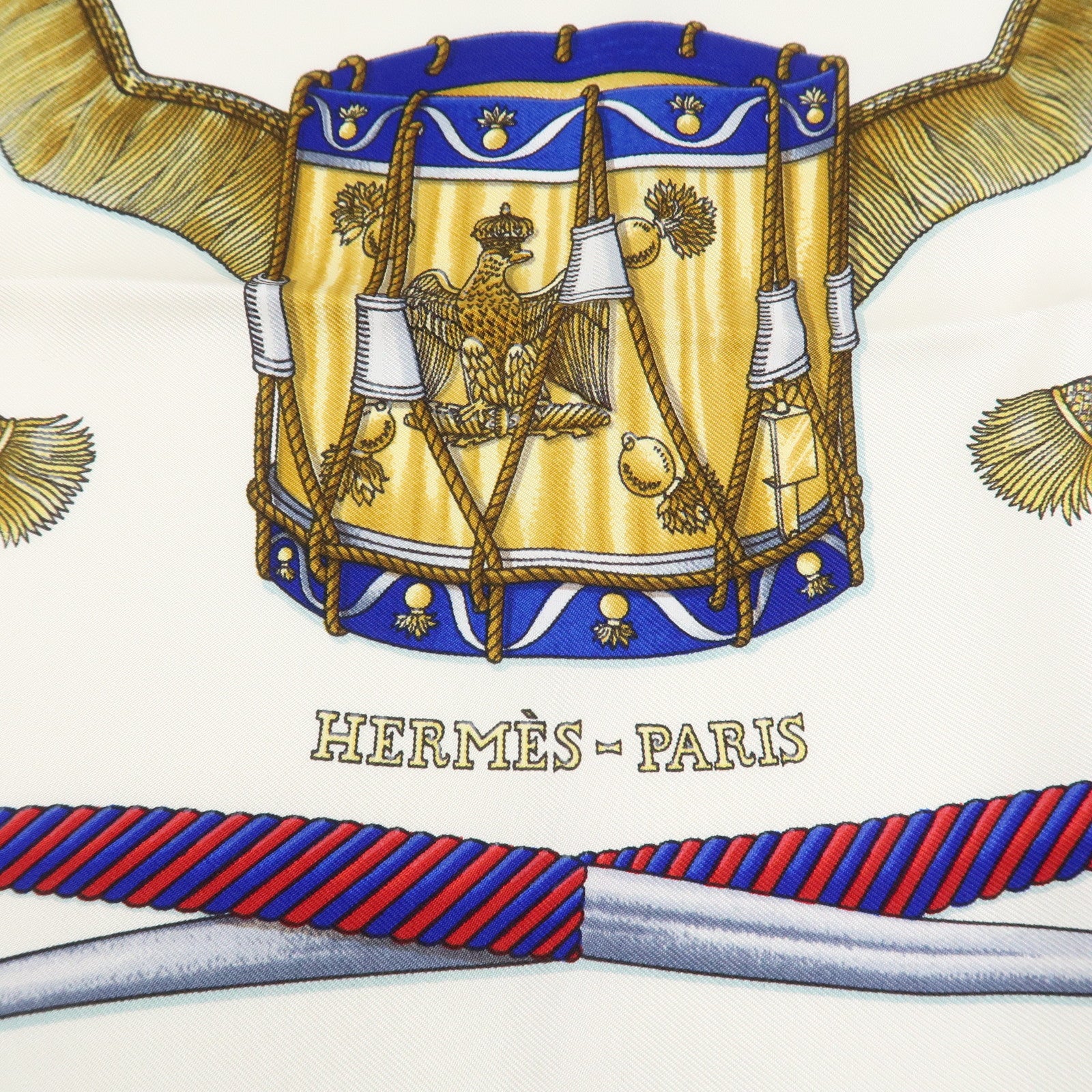 HERMES Carre 90 Silk 100% Scarf LES TAMBOURS Blue White