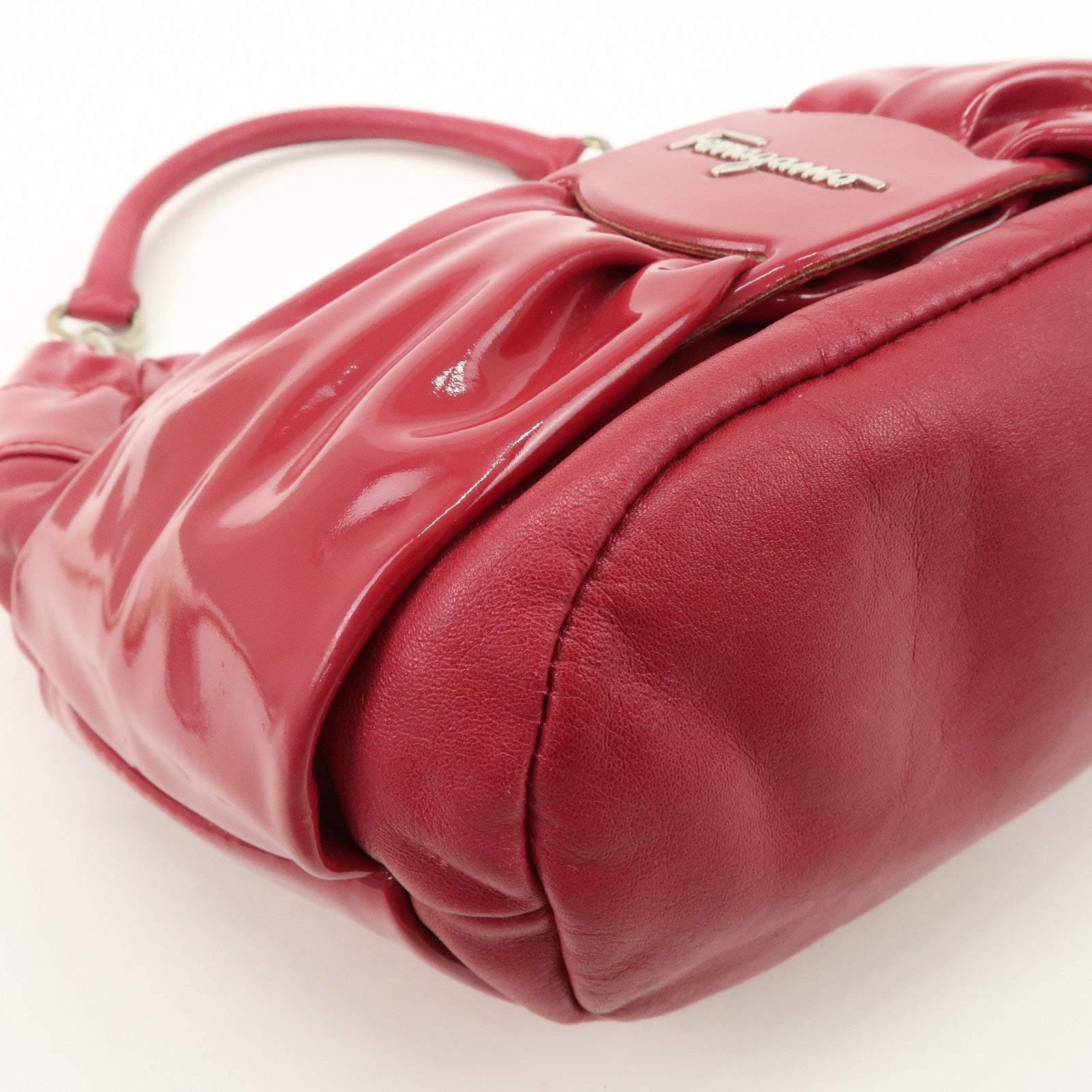 Ferragamo Gancini Varra Ribbon Patent Leather Hand Bag Red