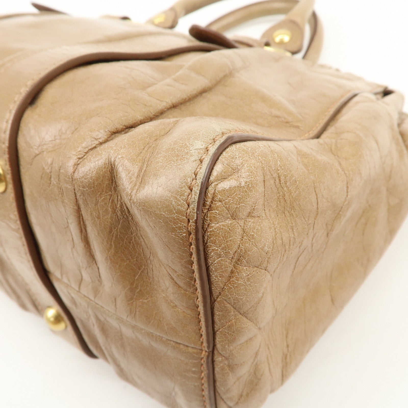 MIU MIU Leather 2Way Gathered Hand Bag Shoulder Bag Brown RT0383