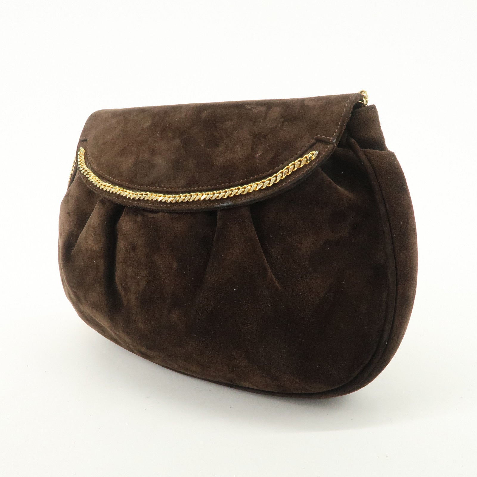 Ferragamo Suede Chain Shoulder Bag Dark Brown