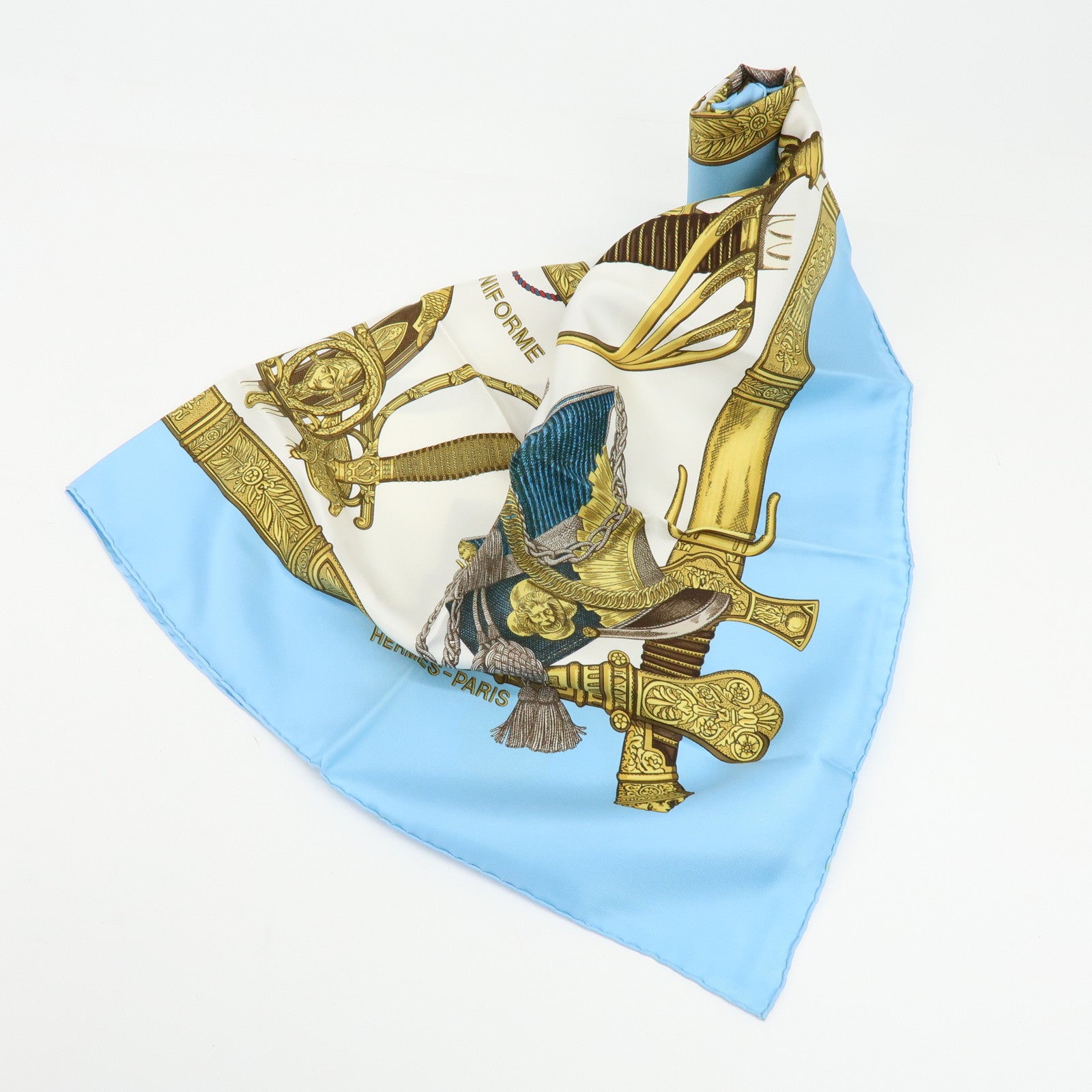 HERMES Carre 90 Silk 100% Scarf GRANDUNIFORM Light Blue Gold