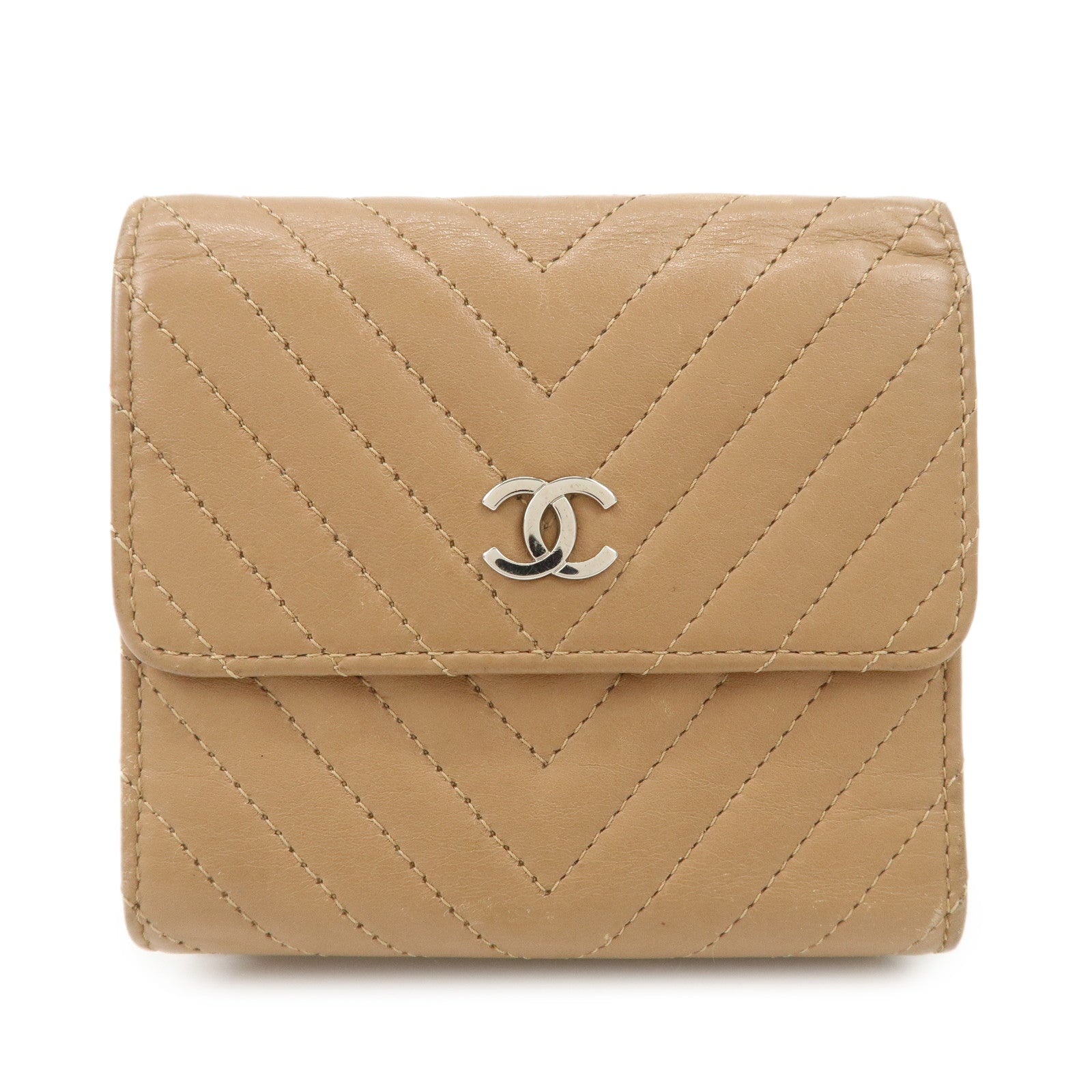 CHANEL Matelasse V Stitch Leather Tri-Fold Wallet Brown A34281