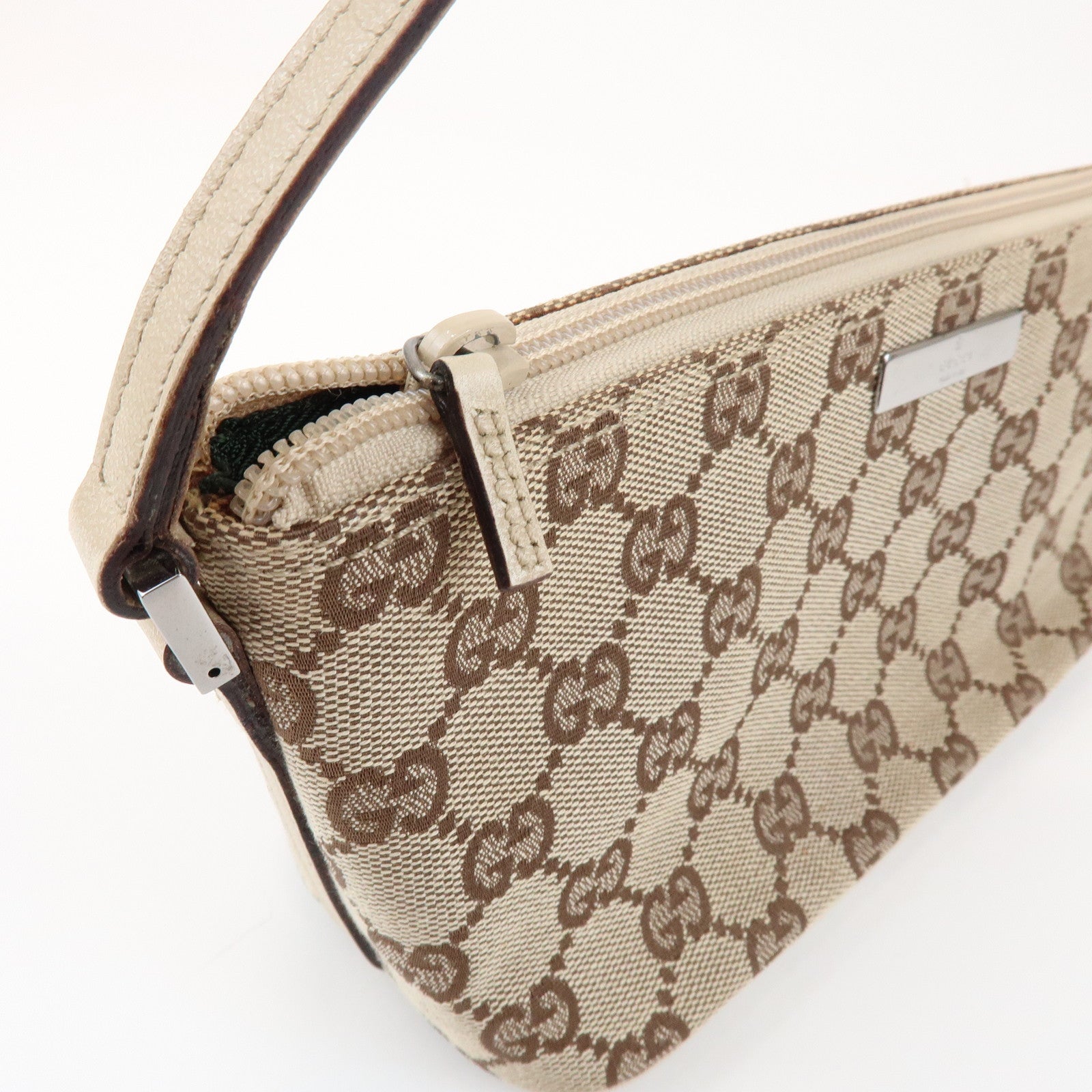 GUCCI Boat Bag GG Canvas Leather Pouch Hand Bag Beige Brown 07198