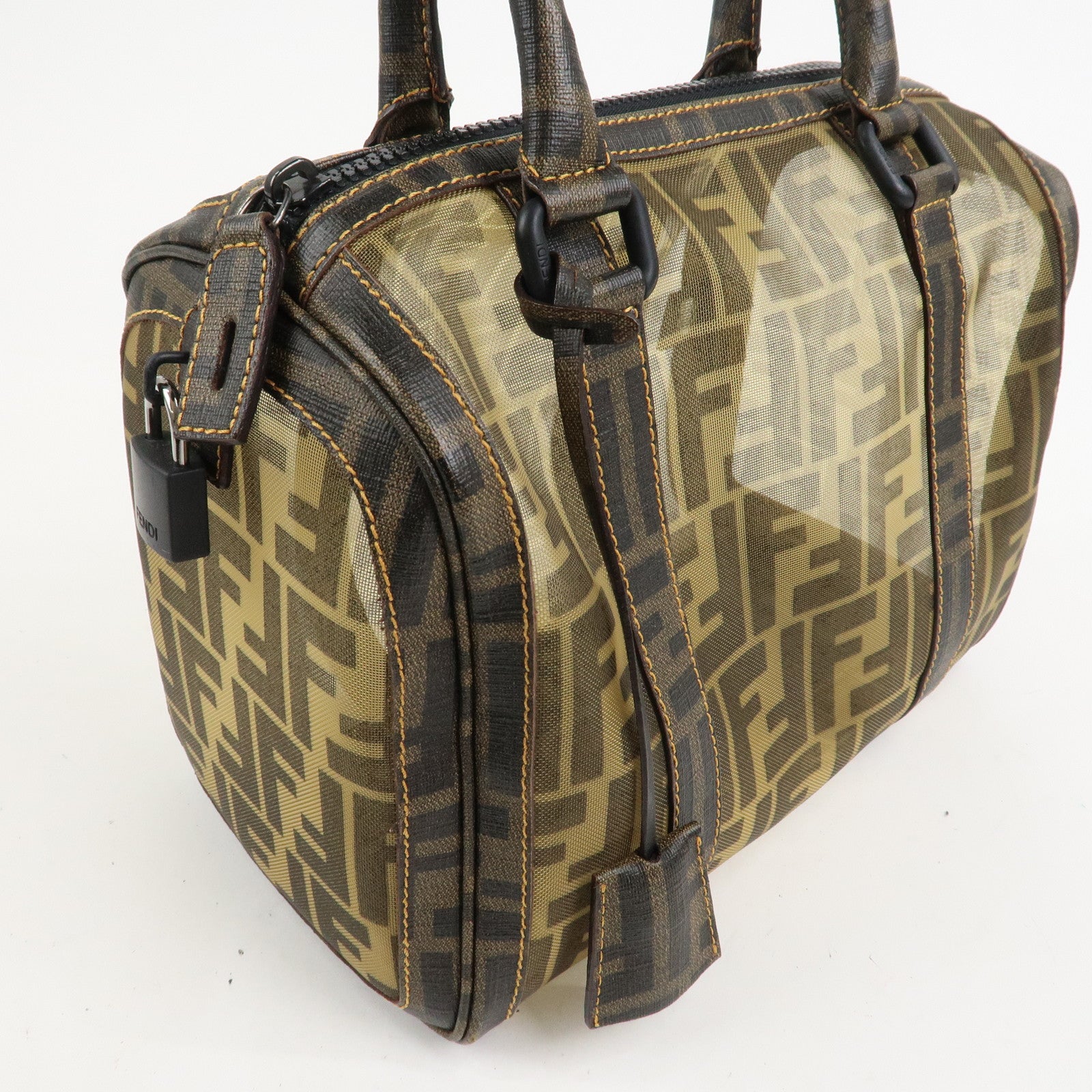 FENDI Zucca Mesh PVC Leather Boston Bag Hand Bag Brown 8BL092