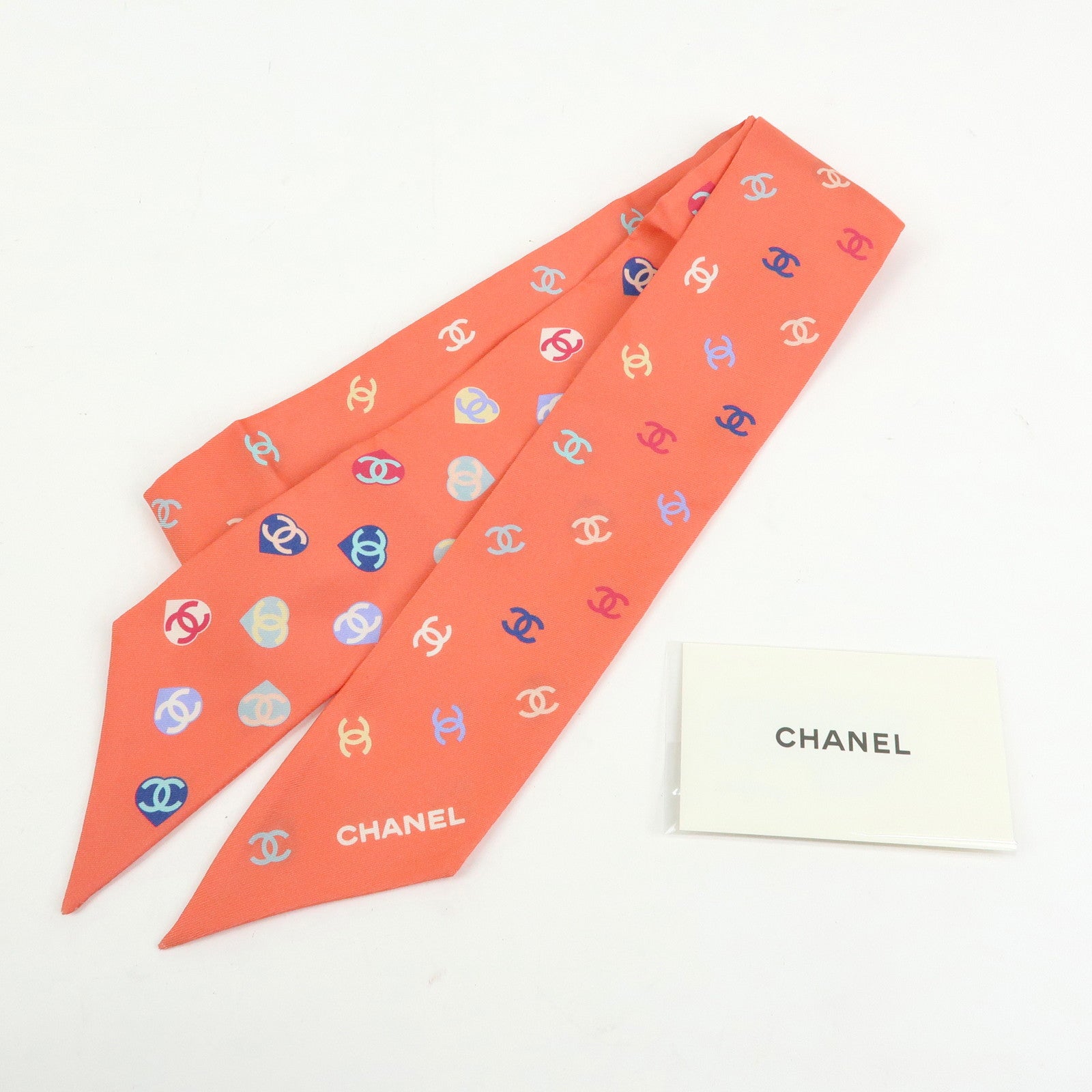 CHANEL Twilly Heart COCO Mark Silk 100% Scarf 6x118 Pink