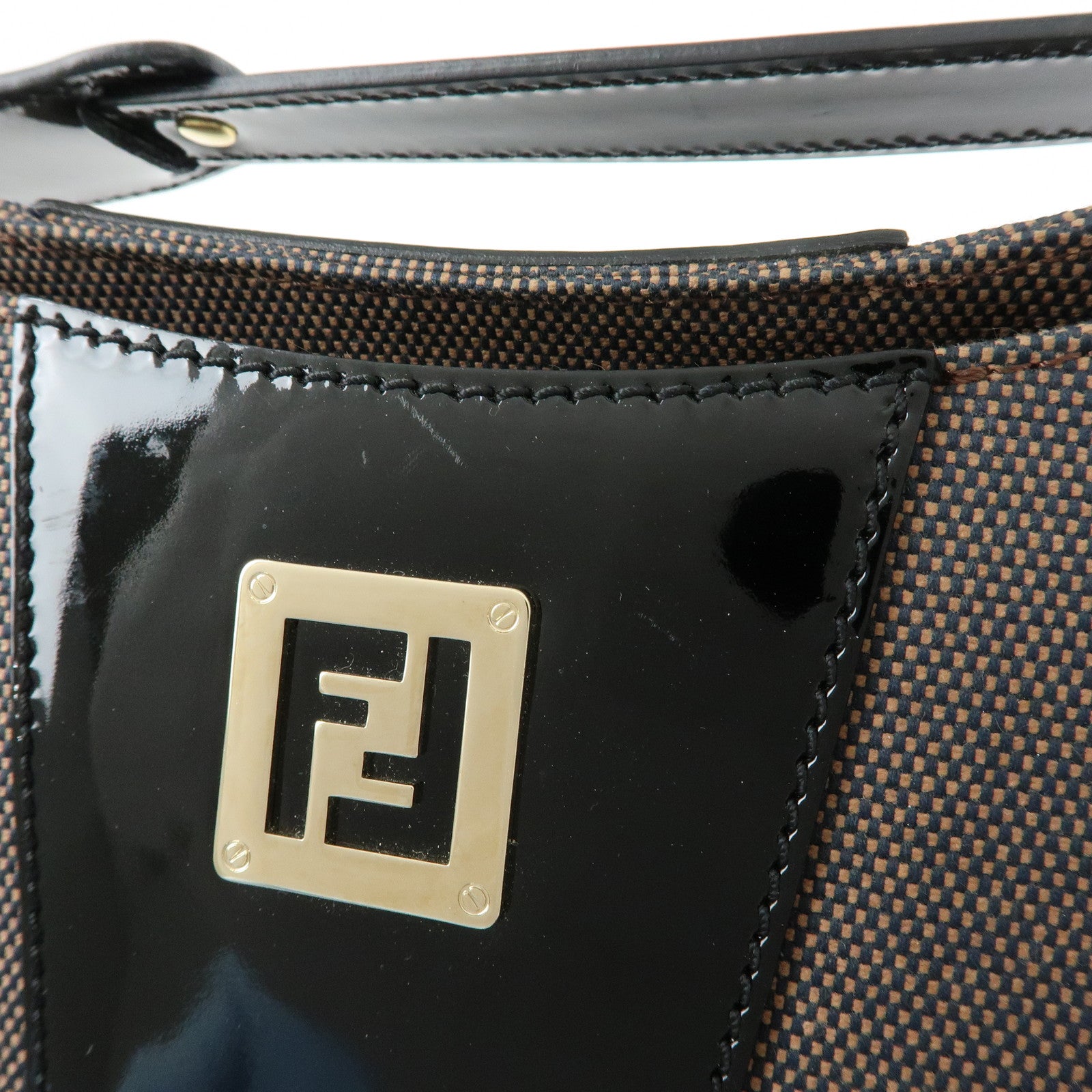 FENDI Canvas Patent Leather Shoulder Hand Bag Brown Black 8BR421