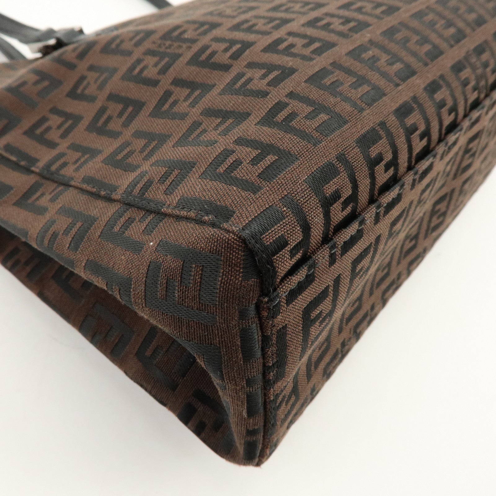 FENDI Zucchino Canvas Leather Tote Bag Shoulder Bag Brown Black