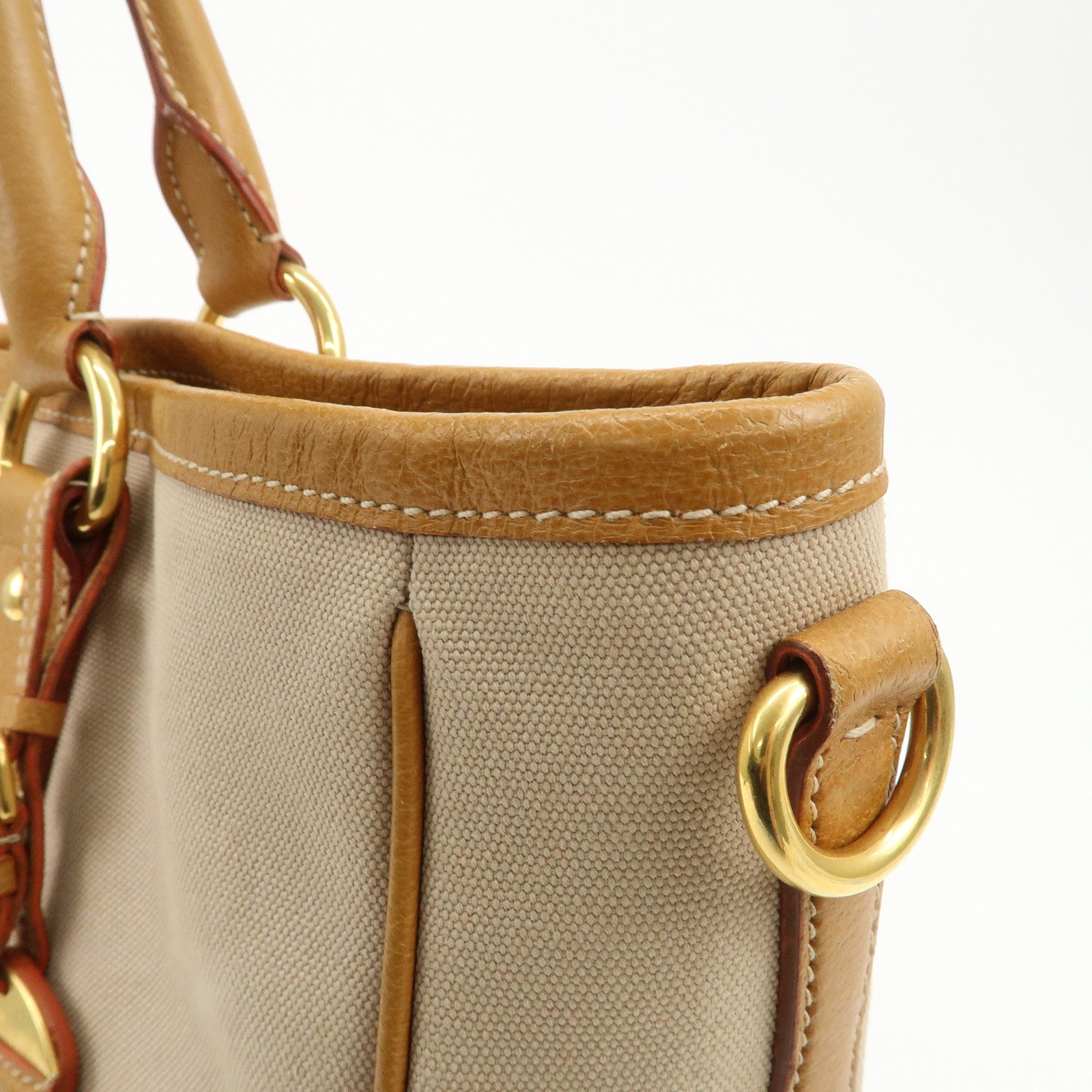 PRADA Triangle Logo Leather Canvas 2 Way Tote Bag Beige Brown