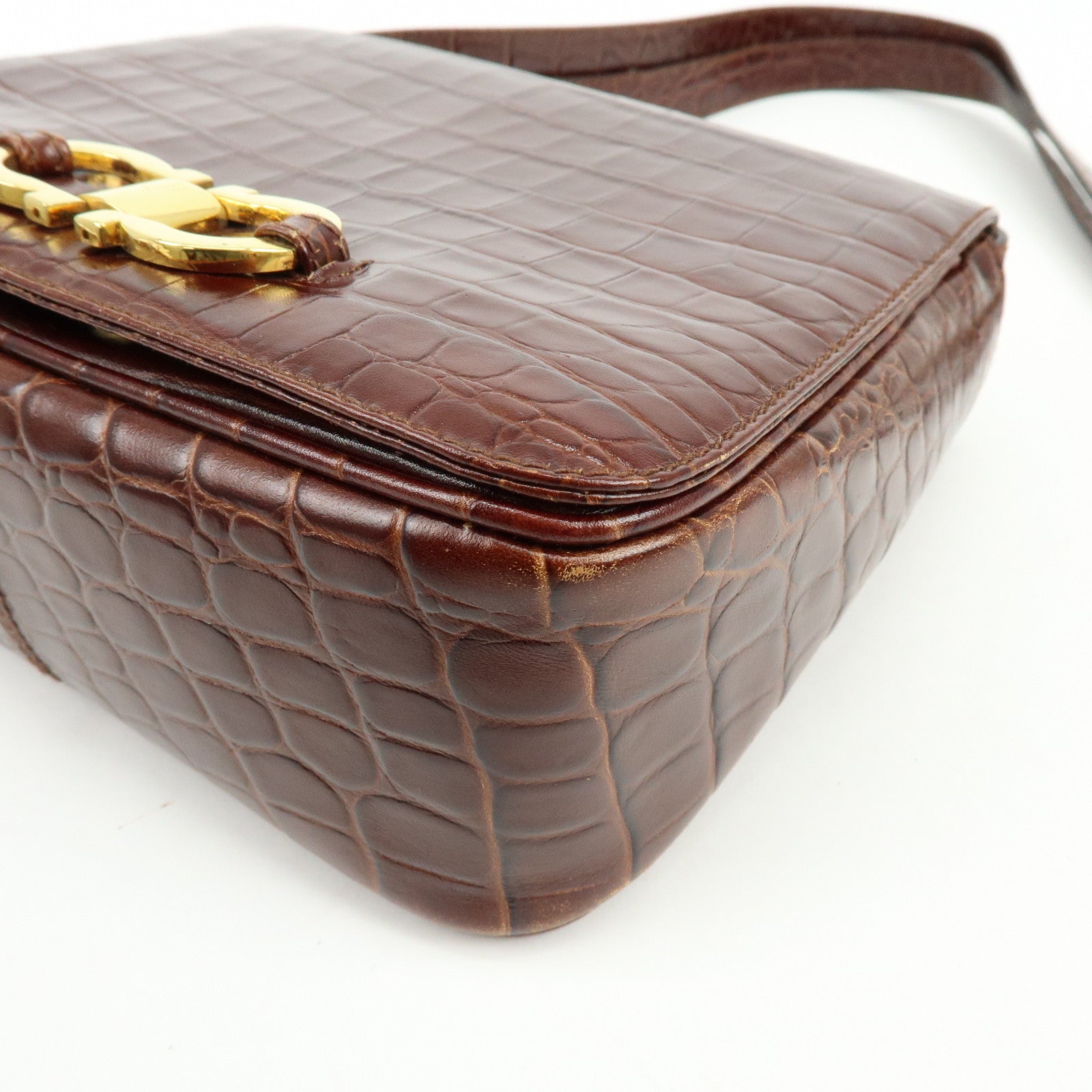 Ferragamo Gancini Embossed Leather Shoulder Bag Crossbody Bag Brown