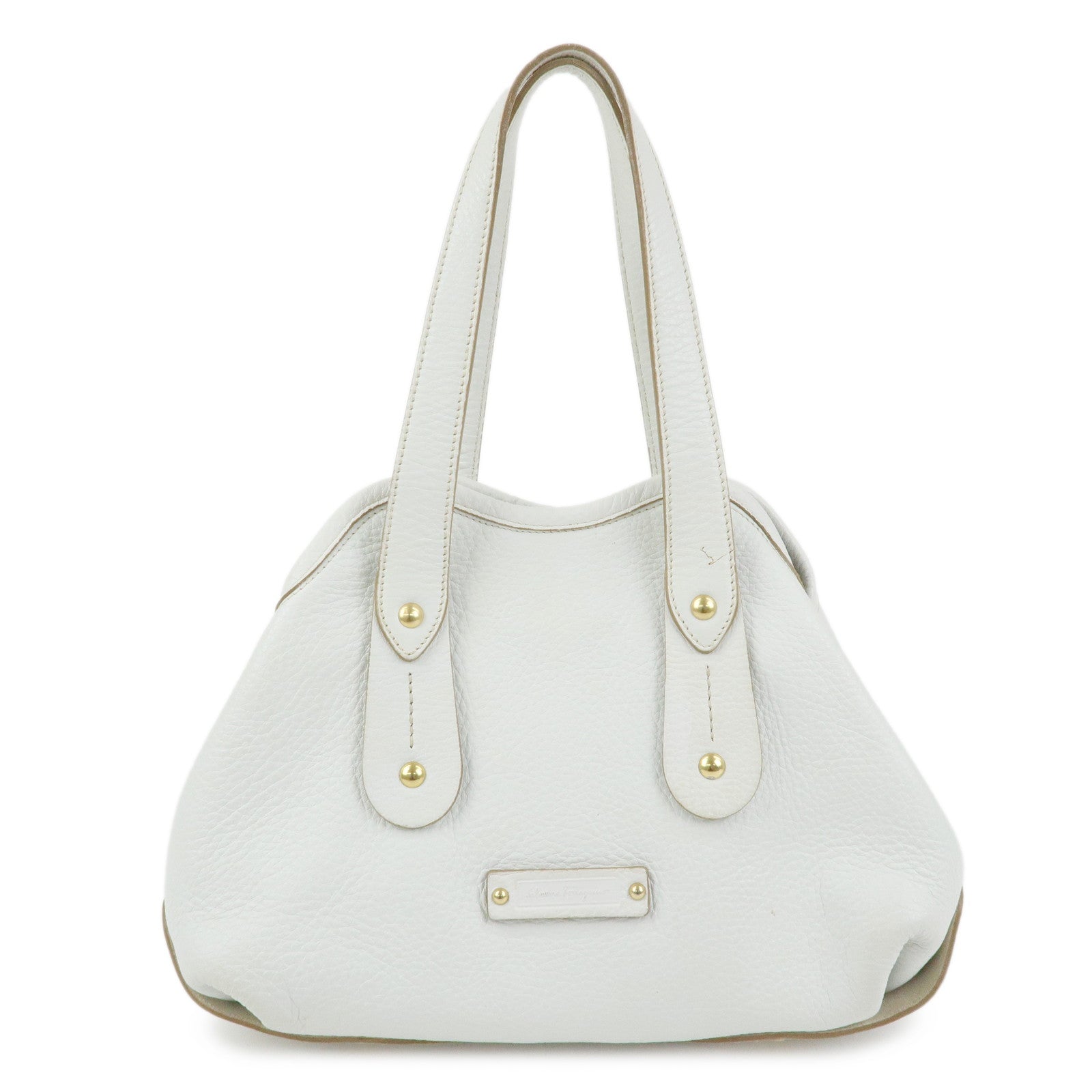 Ferragamo Logo Leather Tote Bag Hand Bag Shoulder Bag White