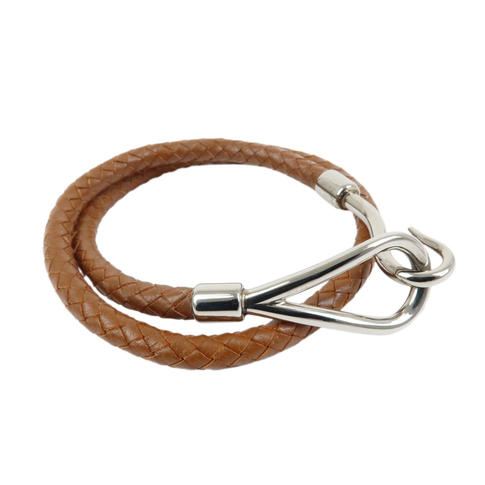 HERMES Jumbo Choker Leather Metal Bracelet Brown Silver