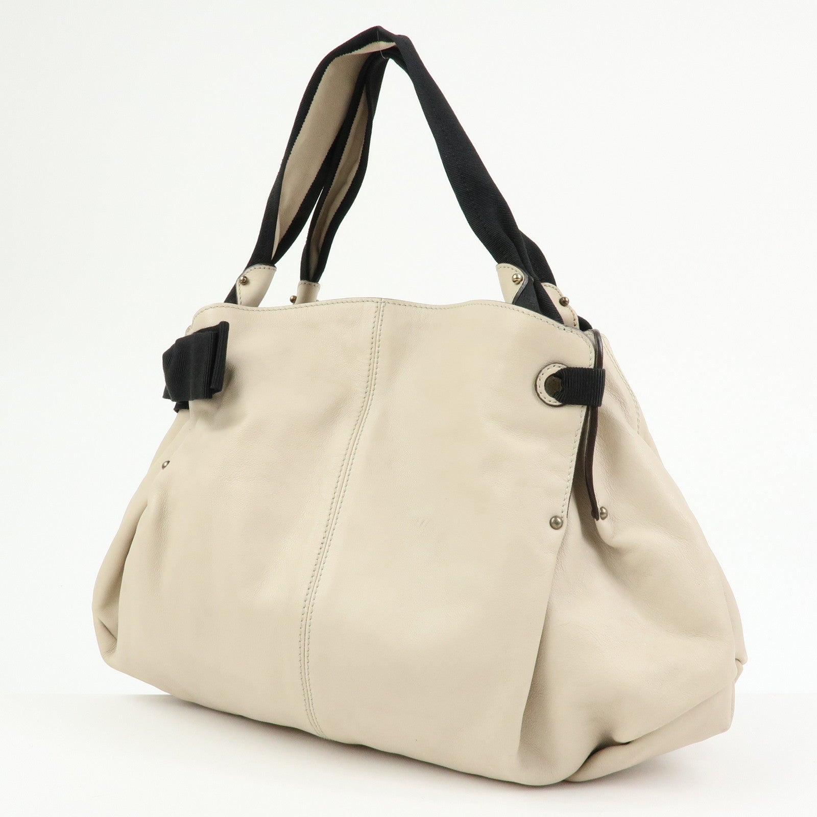 Ferragamo Vara Ribbon Leather Tote Bag Shoulder Bag Ivory Black