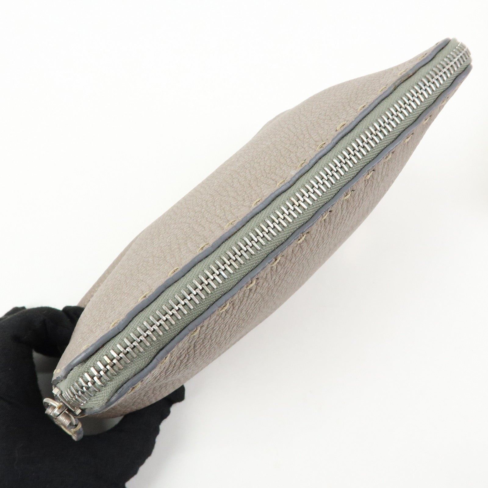 FENDI Selleria Leather Pouch Cosmetic Pouch Gray