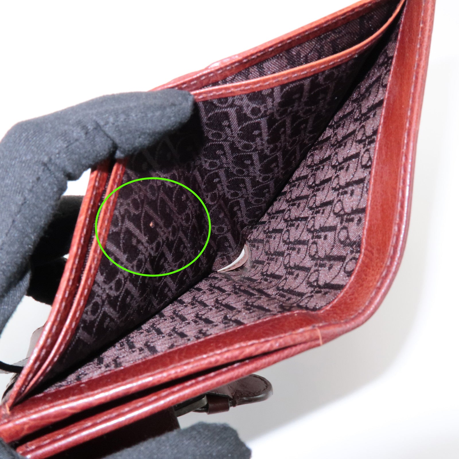 Christian Dior Leather Flower Embroidery Motif Compact Wallet Brown