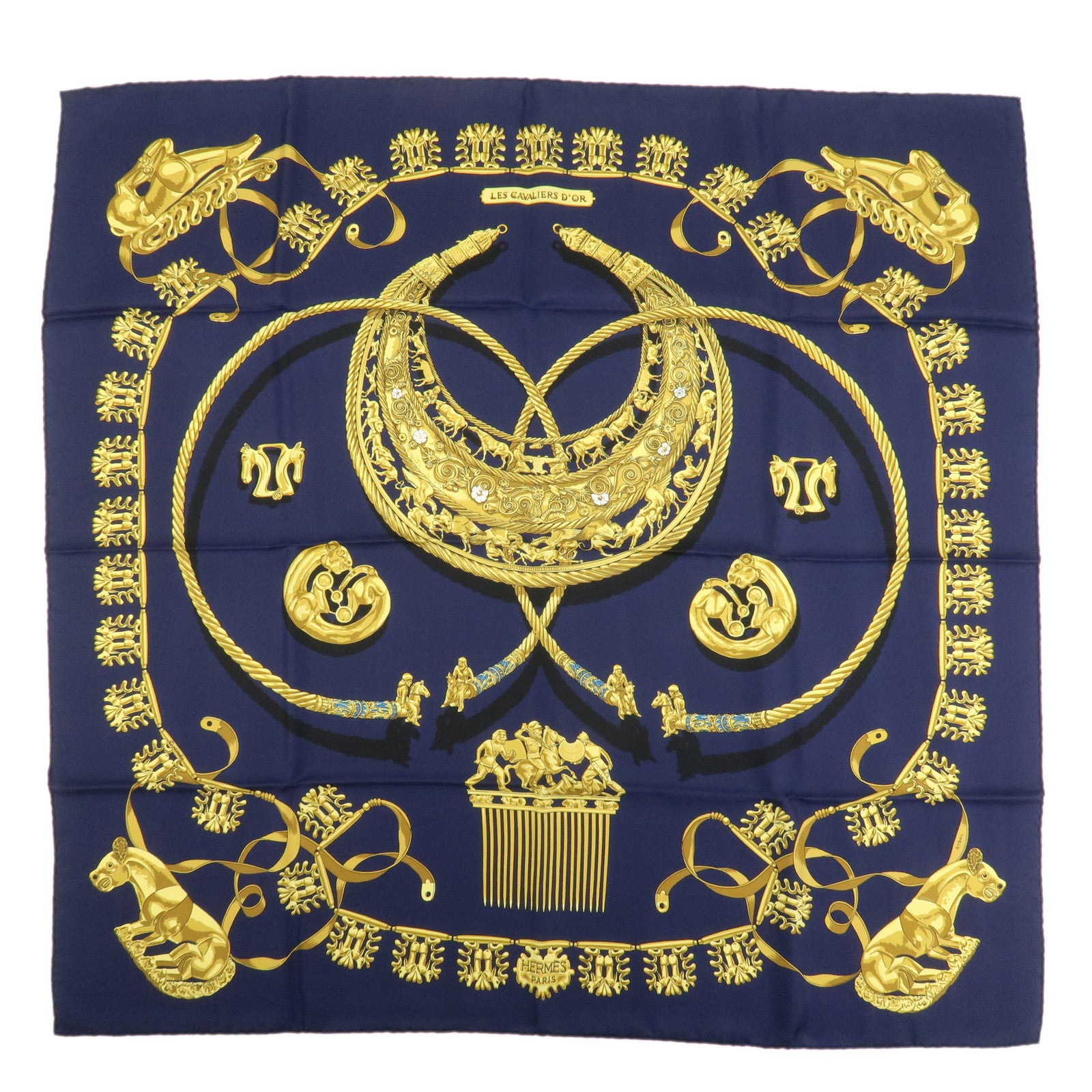 HERMES Carre 90 Silk 100% Scarf LES CAVALIERS D'OR Navy Gold