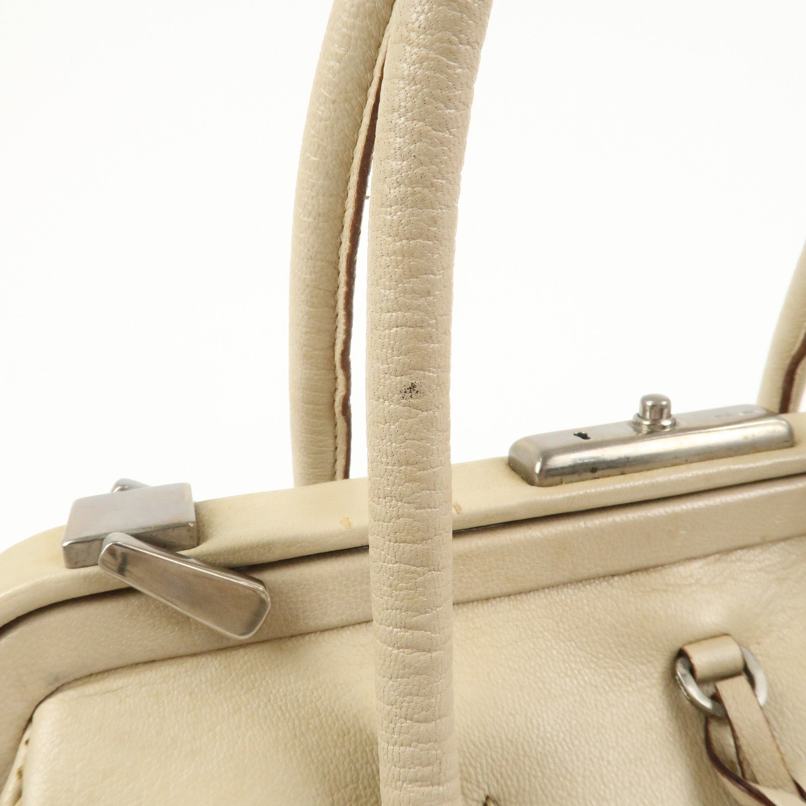 PRADA Leather Doctors Bag Hand Bag Beige Silver