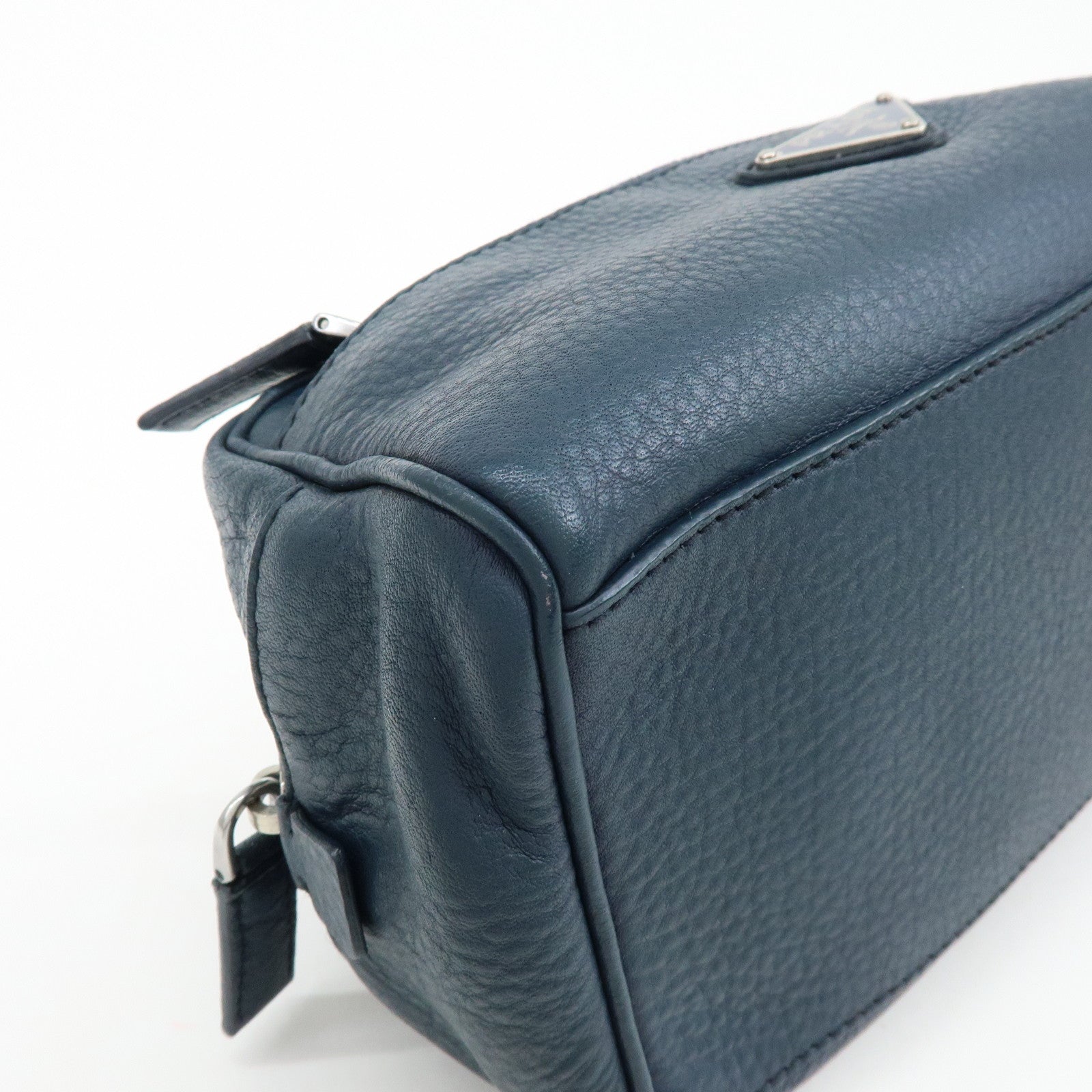 PRADA Triangle Logo Leather Cosmetic Pouch Accessory Pouch Navy