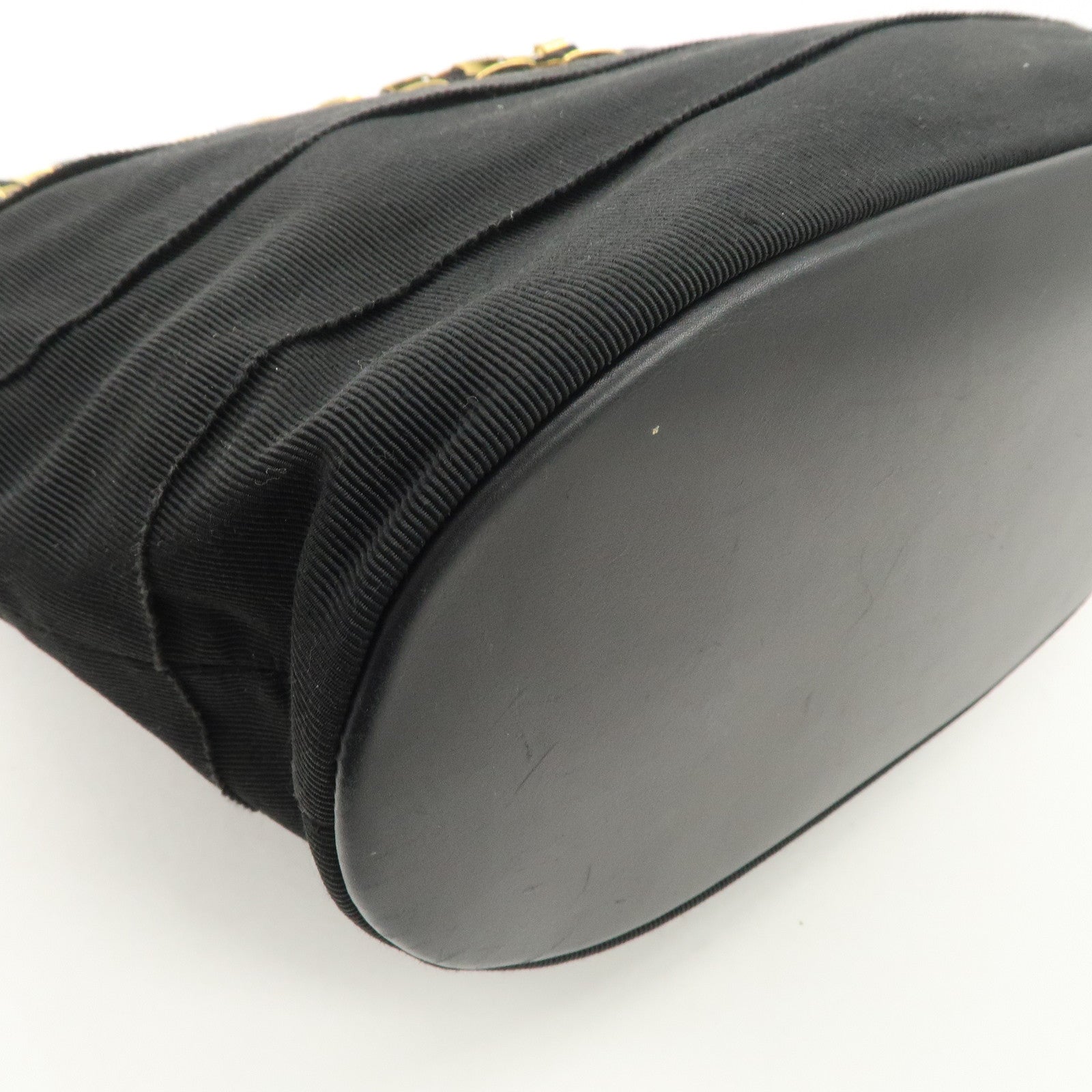 Ferragamo Leather Canvas Chain Tote Bag Hand Bag Black Gold Hardware Used