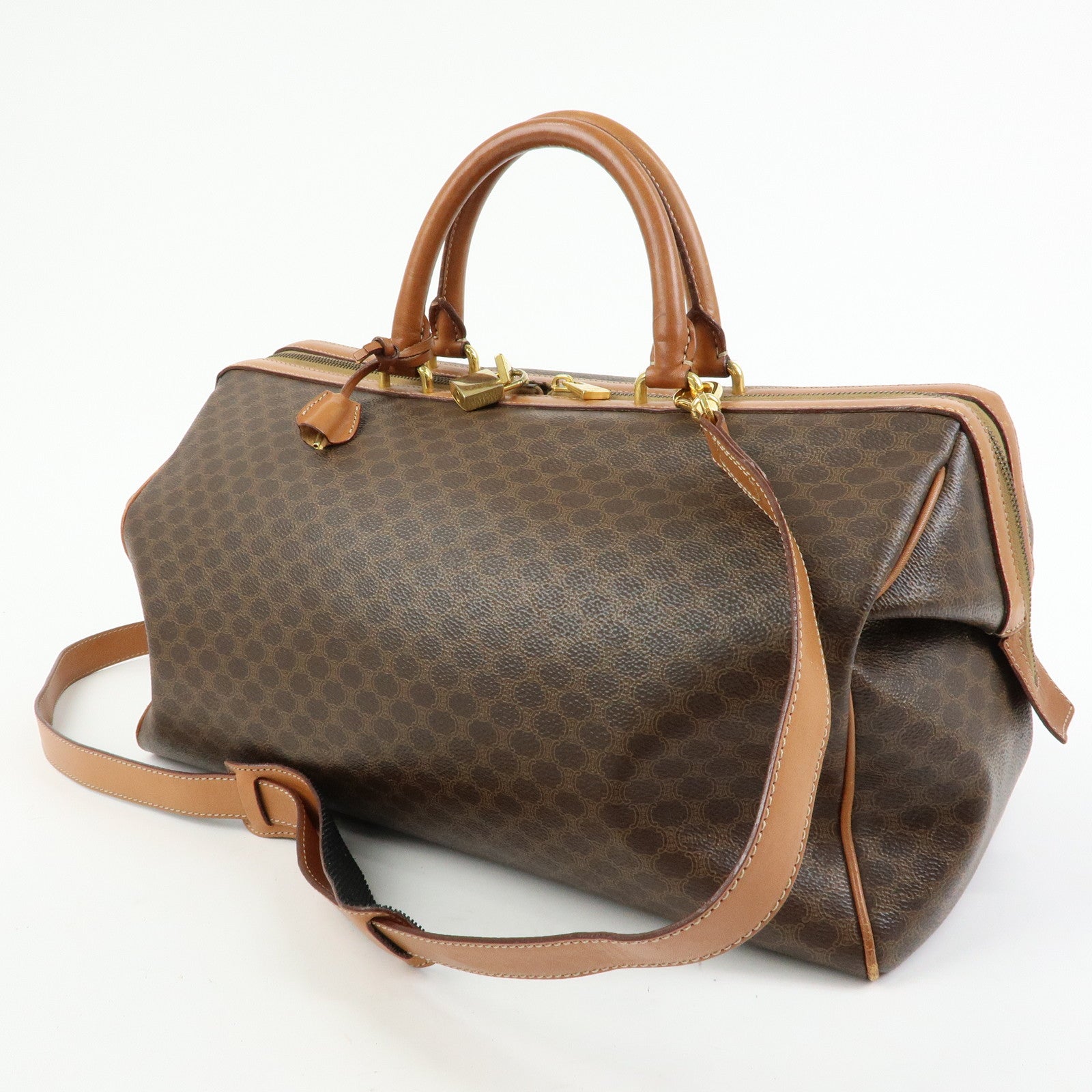 CELINE Macadam PVC Leather 2WAY Bag Boston Bag Shoulder Bag Brown