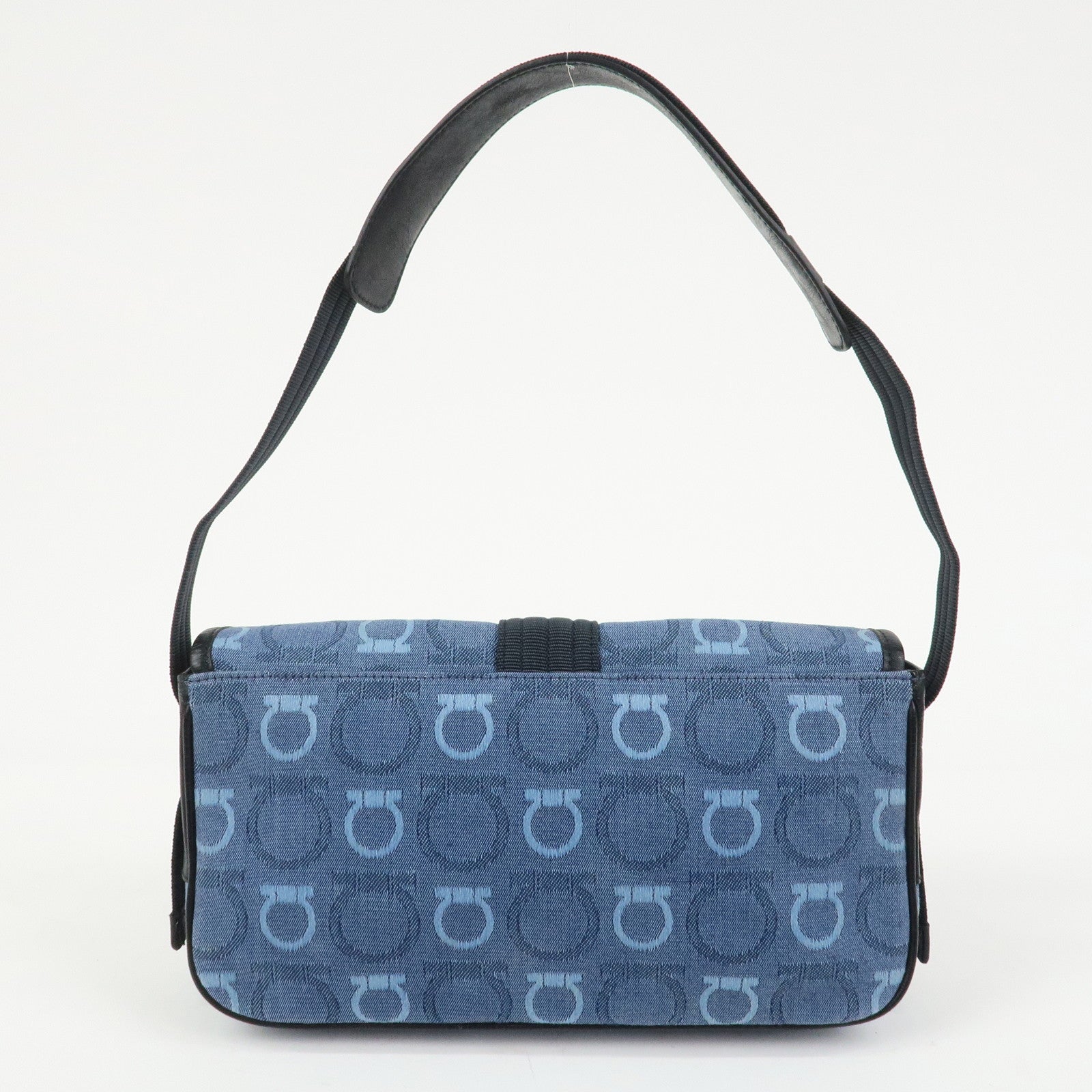 Ferragamo Gancini Canvas Leather Shoulder Bag Blue Black
