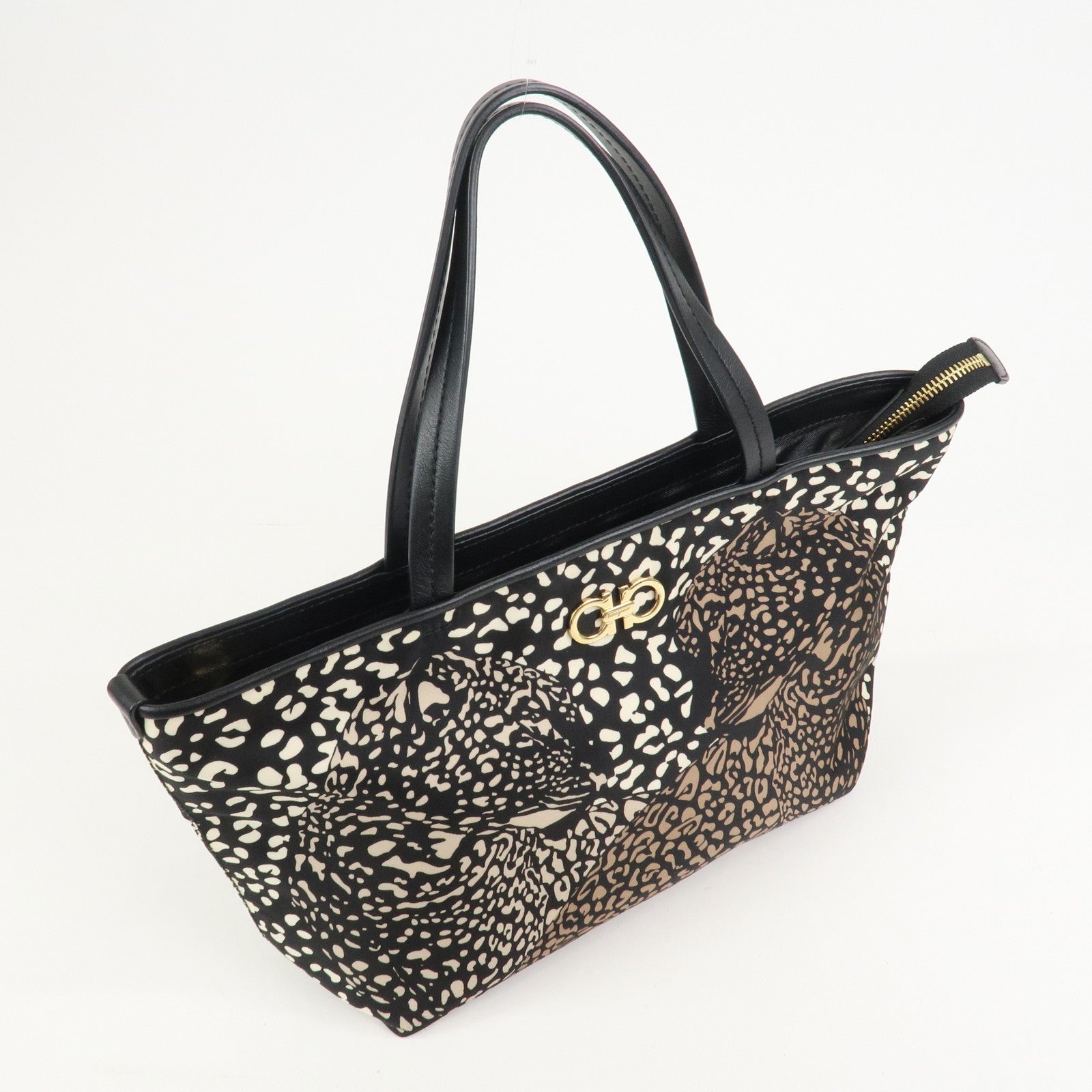Ferragamo Gancini Nylon Leather Tote Bag Hand Bag Leopard Black
