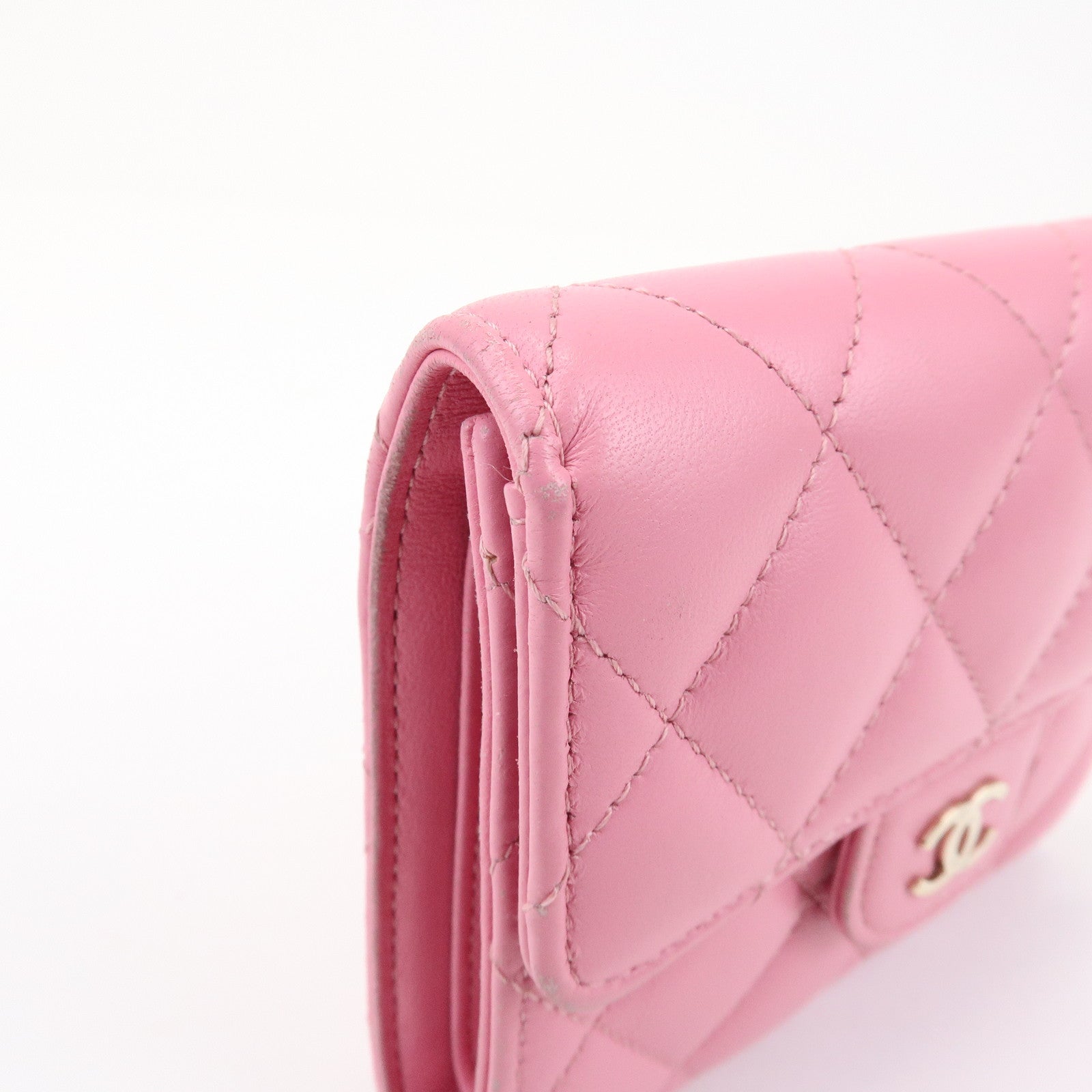 CHANEL Matelasse Lamb Skin Small Tri-Fold Wallet Pink AP0231