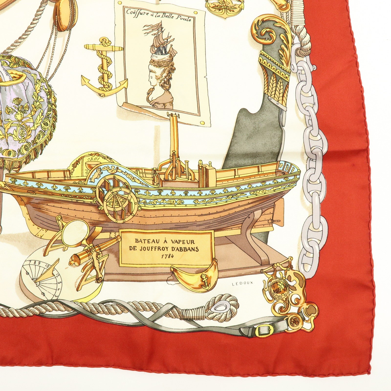 HERMES Carre 90 Silk 100% Scarf MUSEE Museum Print Red Beige