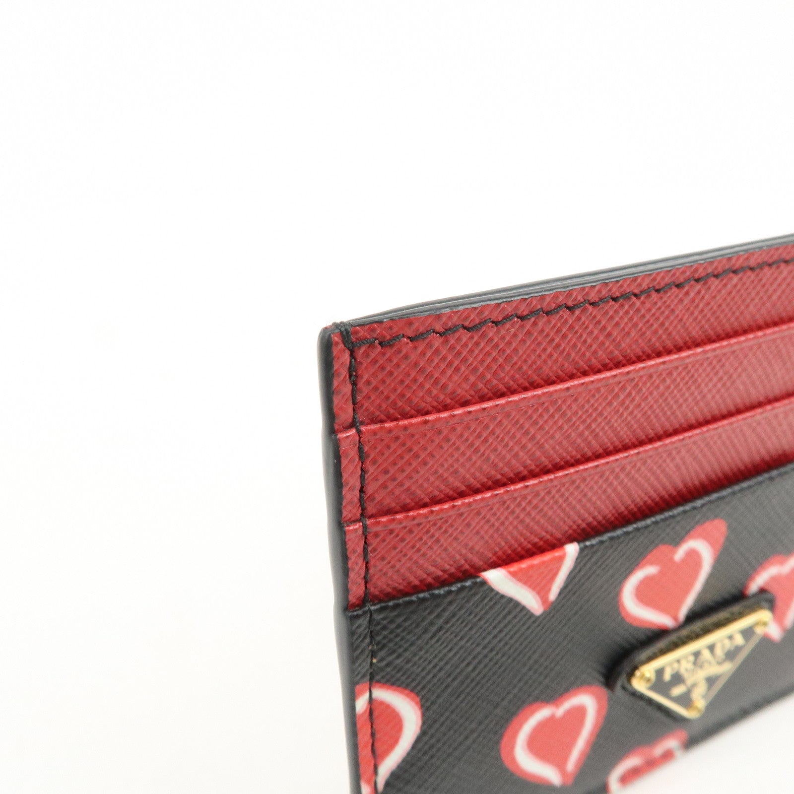 PRADA Triangle Logo Saffiano Leather Card Case Black Red 1MC025