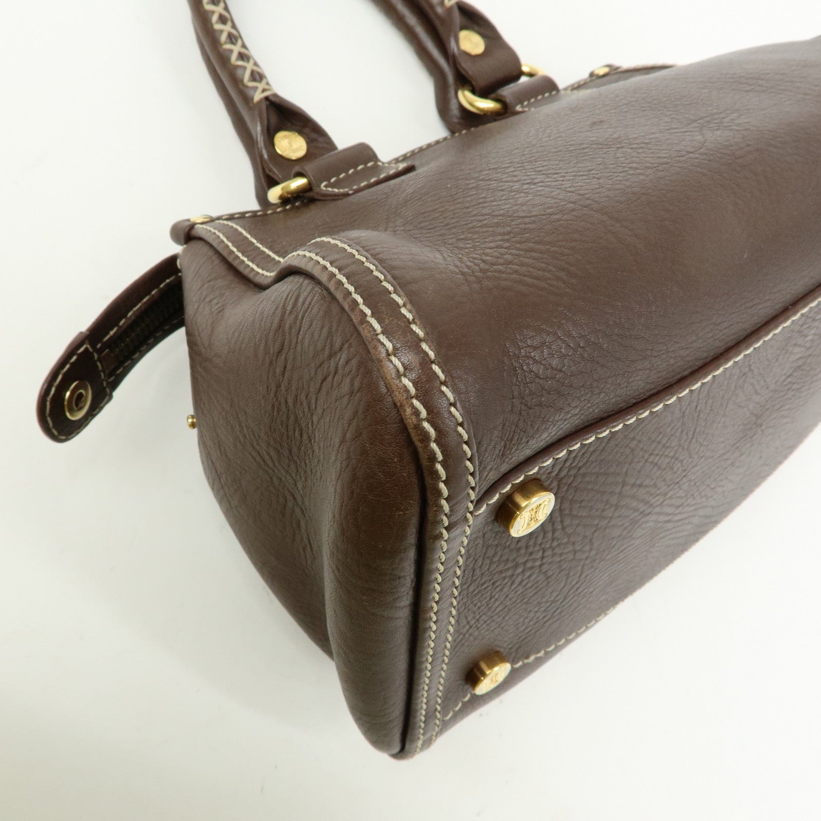 CELINE Logo Leather Hand Bag Mini Boston Bag Dark Brown