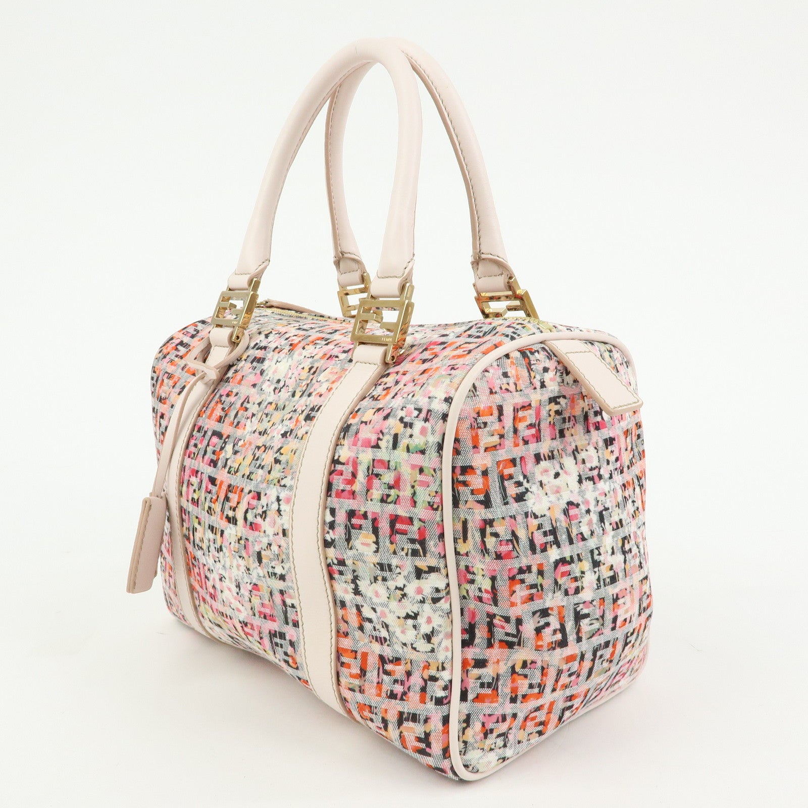 FENDI Zucchino Flower Print Canvas Leather Boston Bag Pink 8BL068