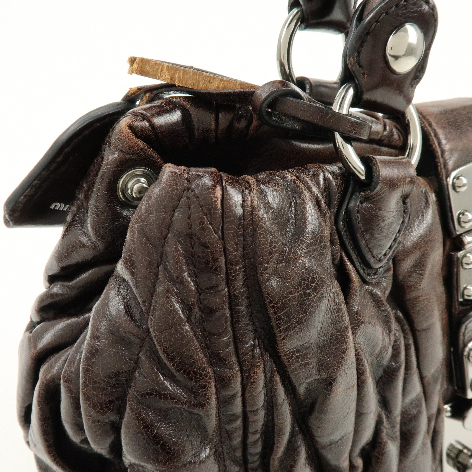 MIU MIU Matelasse Leather 2Way Bag Hand Bag Shoulder Bag Dark Brown