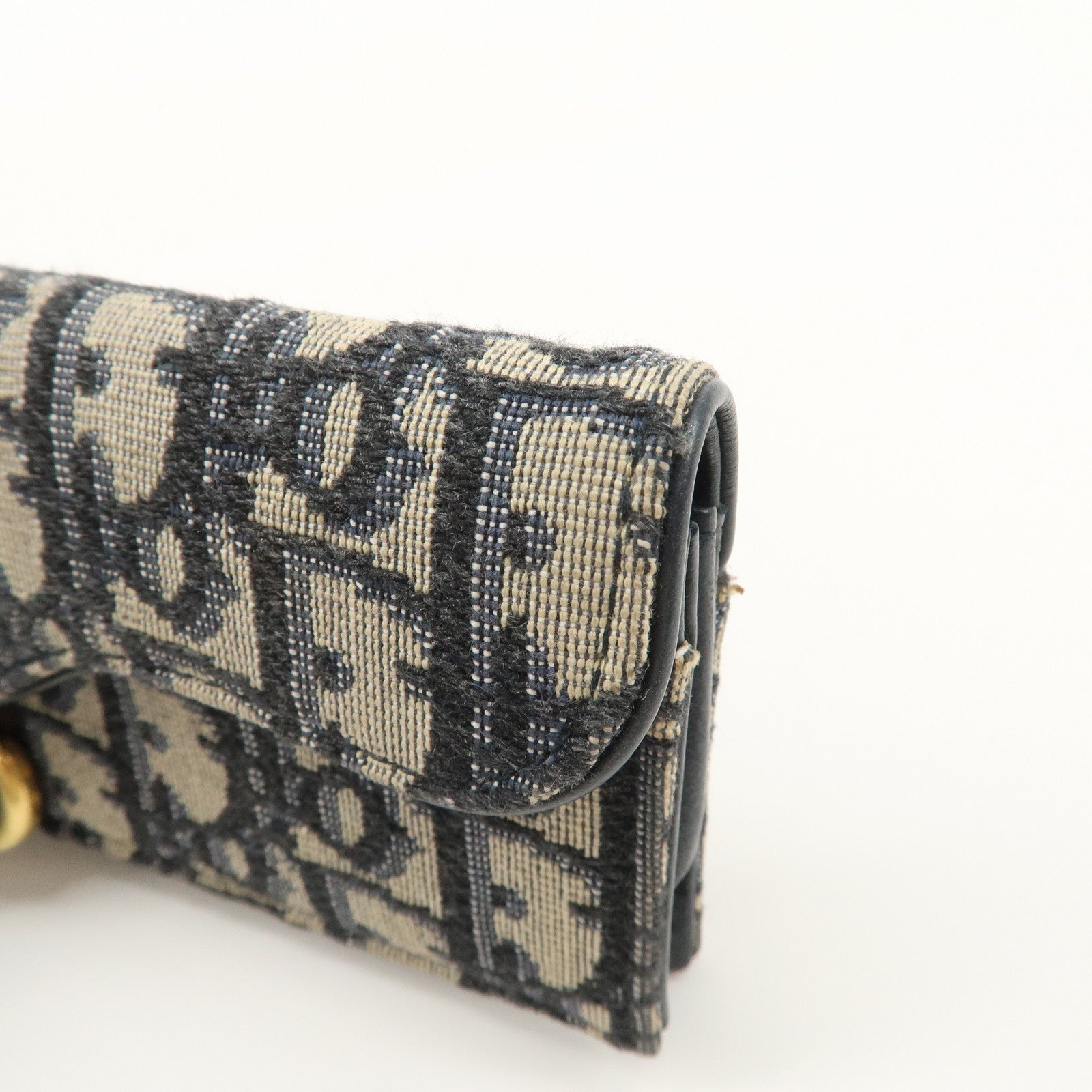 Christian Dior Oblique Canvas Leather Saddle Card Case Beige Navy Used