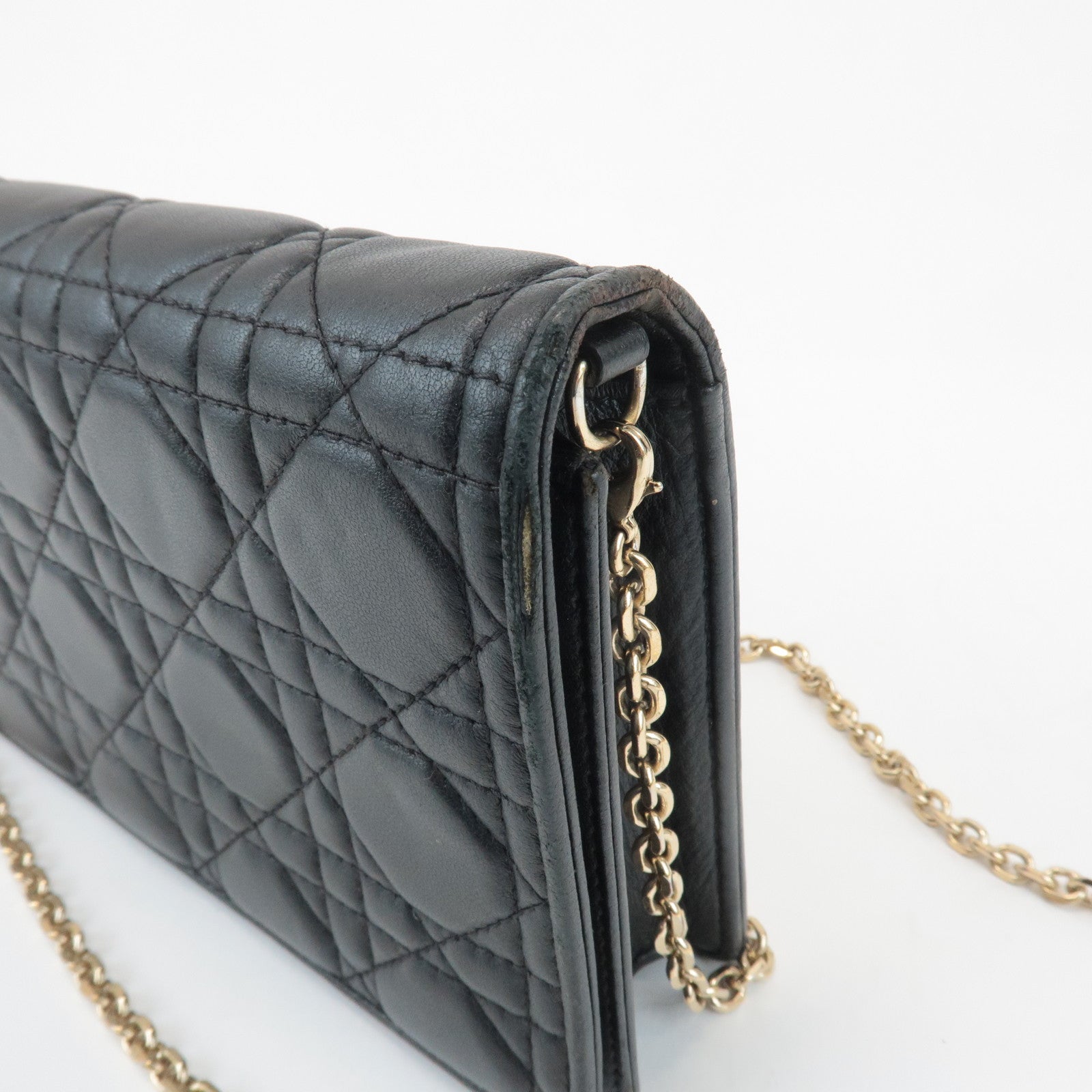 Christian Dior Cannage Leather Chain Shoulder Bag Black Gold Charm