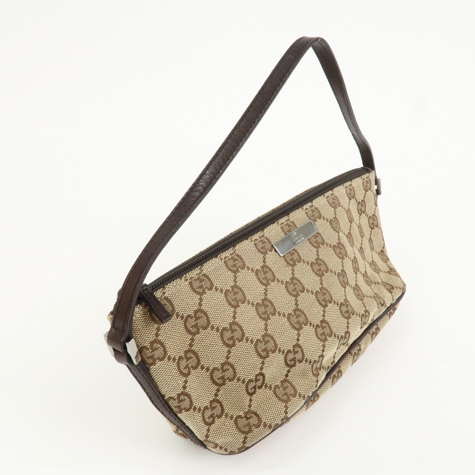 GUCCI Boat Bag GG Canvas Leather Hand Bag Pouch Beige Brown 07198