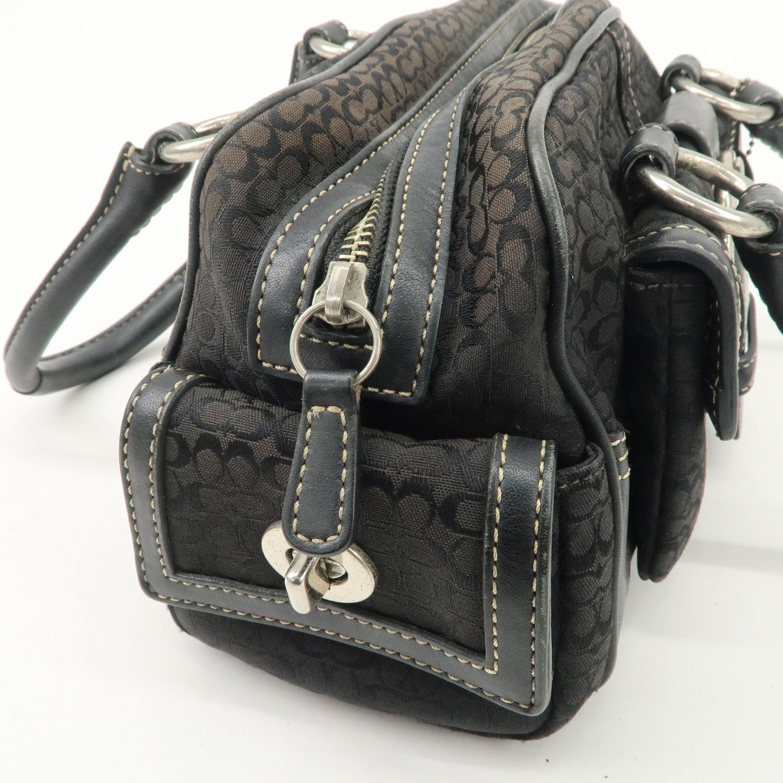 COACH Leather Canvas Logo Hand Bag Brown Silver HDW Used