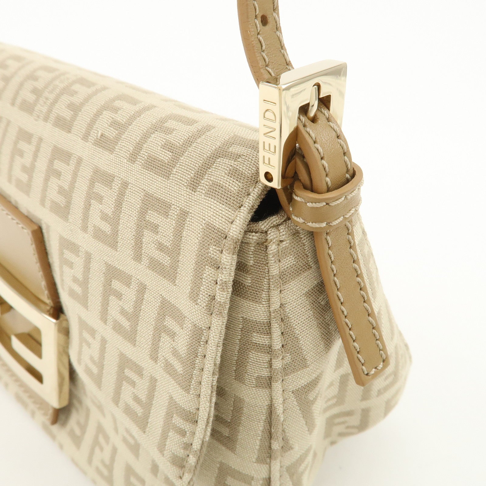 FENDI Mini Mamma Baguette Zucchino Canvas Leather Shoulder Bag Beige 8BR180