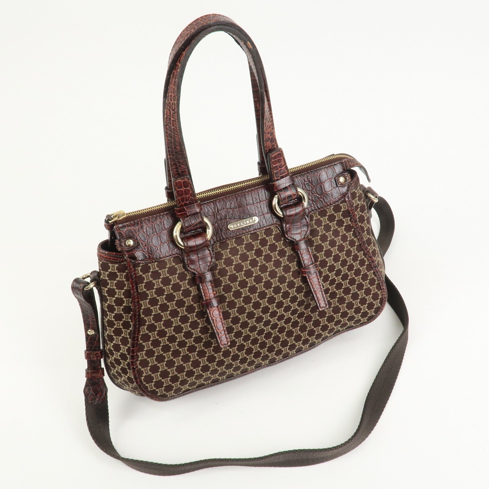 CELINE Macadam Canvas Emboss Leather 2 Way Bag Hand Bag Brown