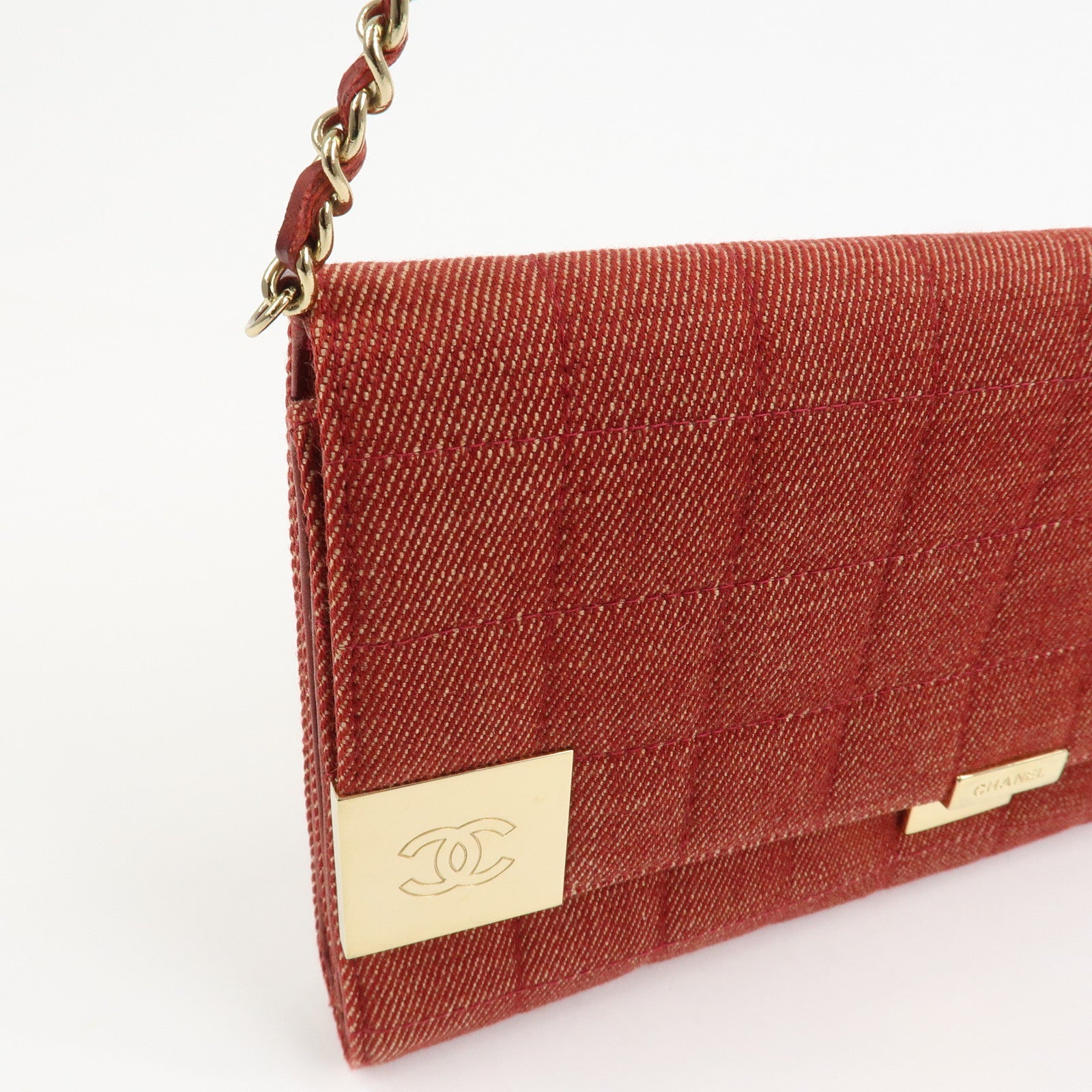 CHANEL Denim Lamb Skin Leather Chain Shoulder Bag Red