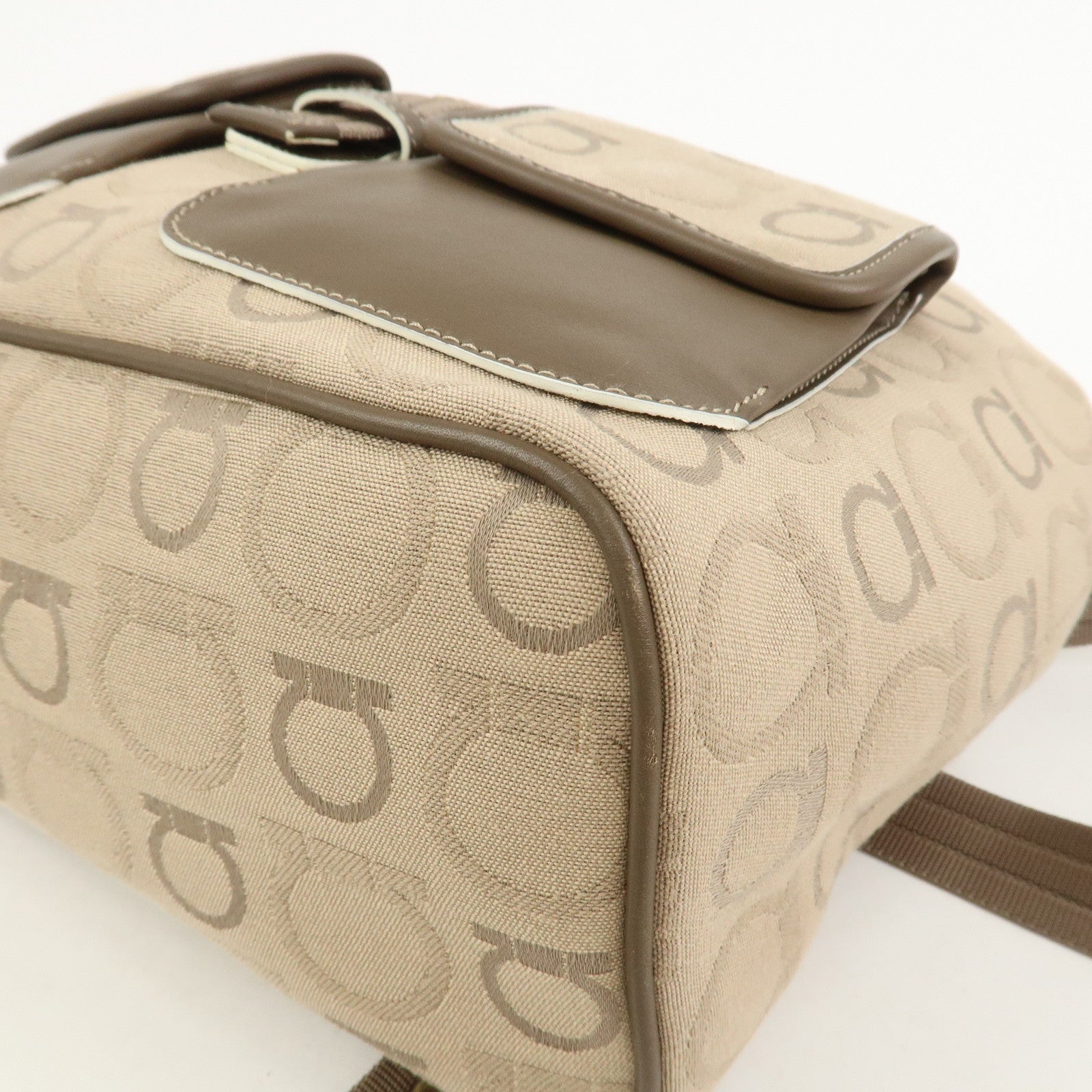 Ferragamo Gancini Canvas Leather Backpack Rucksuck Beige