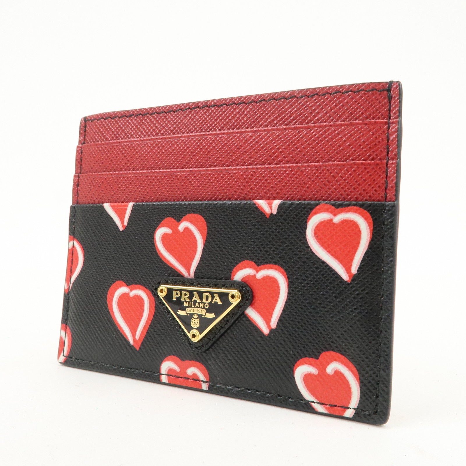PRADA Triangle Logo Saffiano Leather Card Case Black Red 1MC025