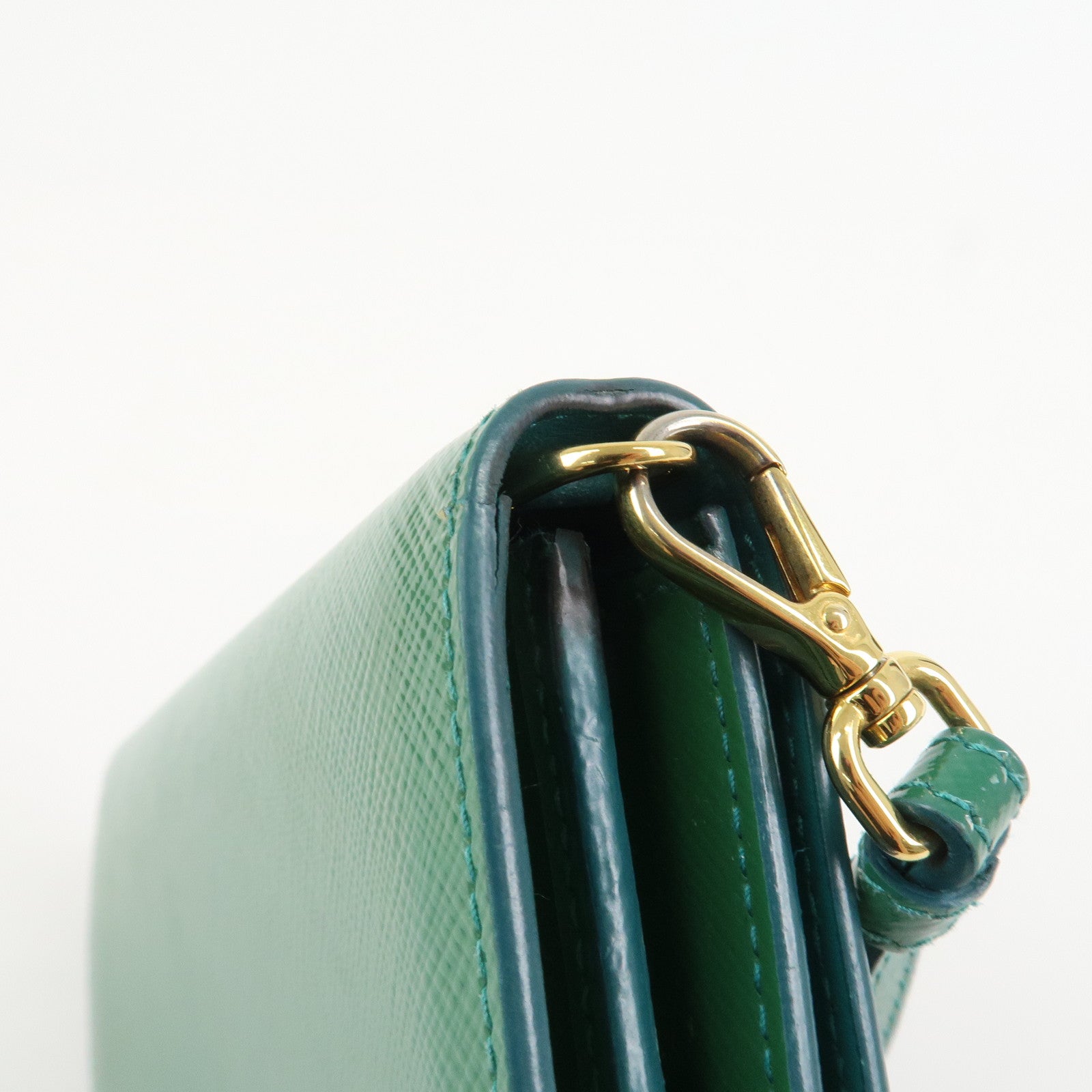 PRADA Triangle Logo Patent Leather Bi-Fold Long Wallet Green