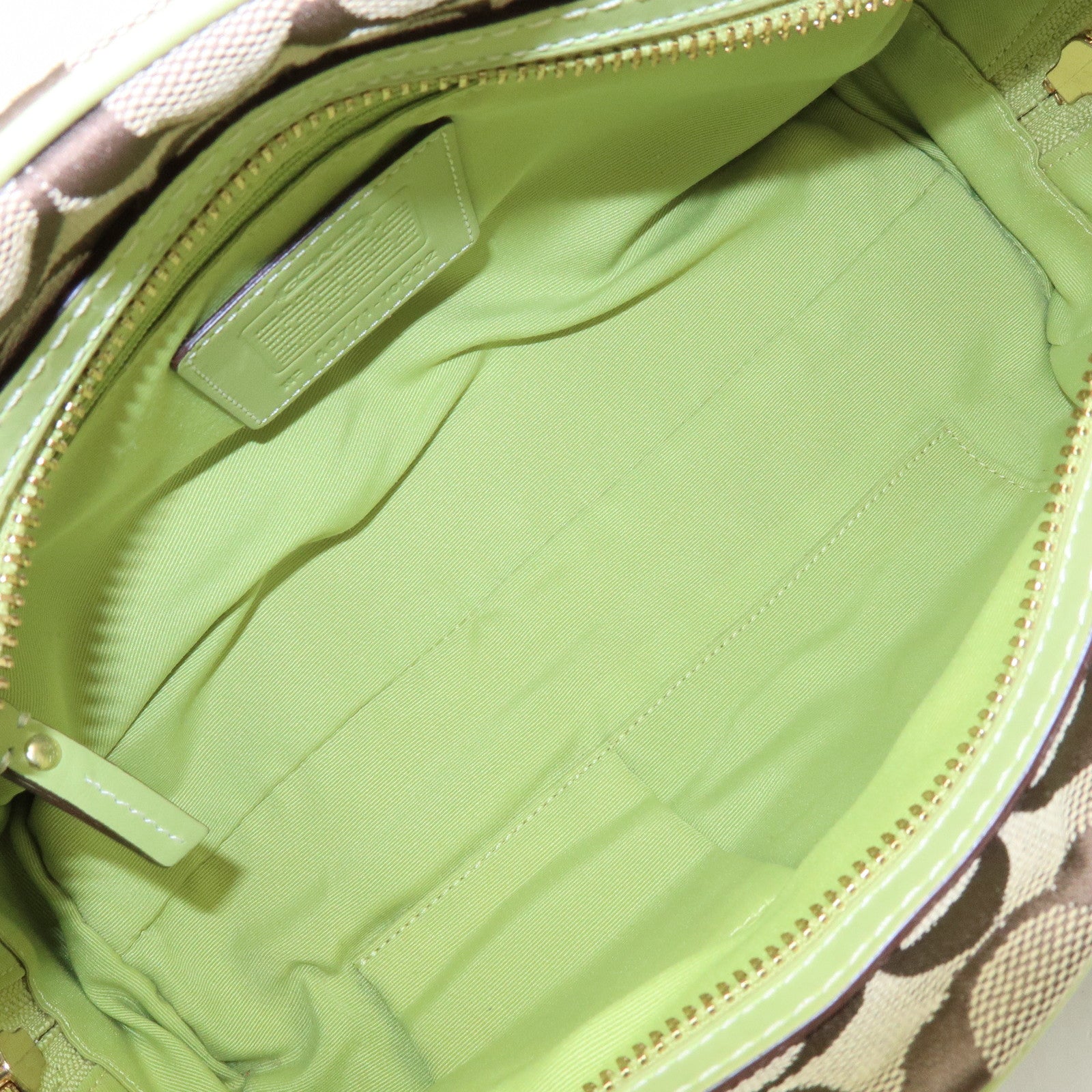 COACH Signature Canvas Leather Boston Hand Bag Light Brown Green