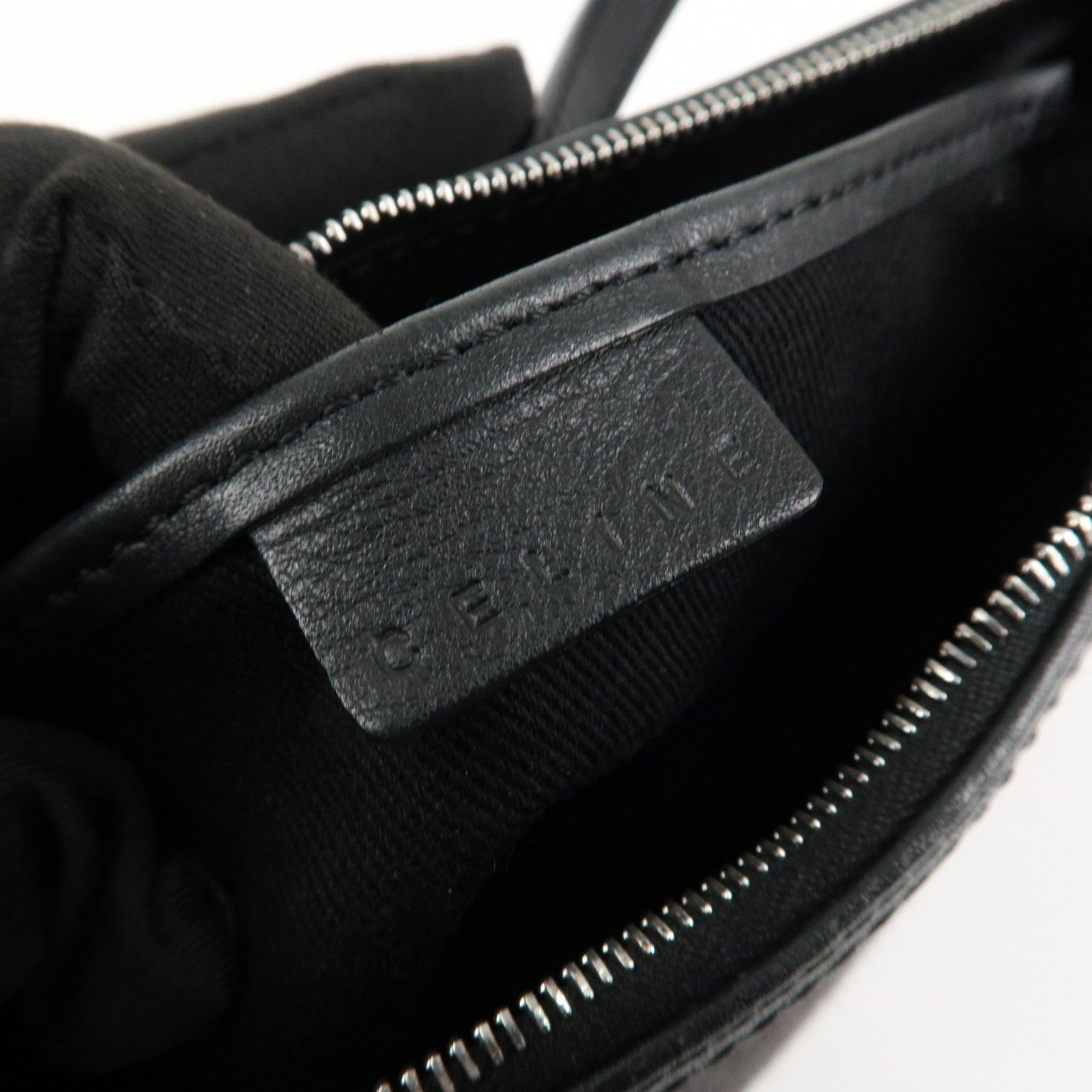 CELINE Macadam Canvas Leather Accessory Pouch Silver HDW Black Used