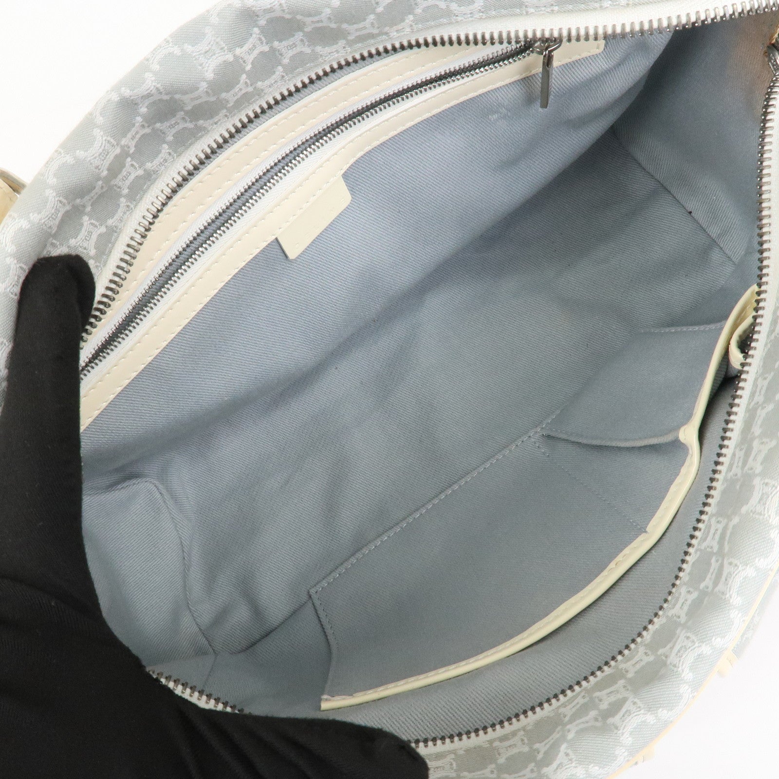 CELINE Macadam Canvas Leather Shoulder Bag Hand Bag Blue Ivory