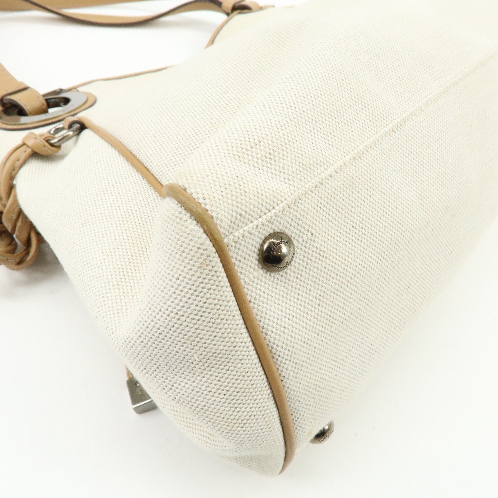 Ferragamo Gancini Canvas Leather Tote Bag Shoulder Bag Natural