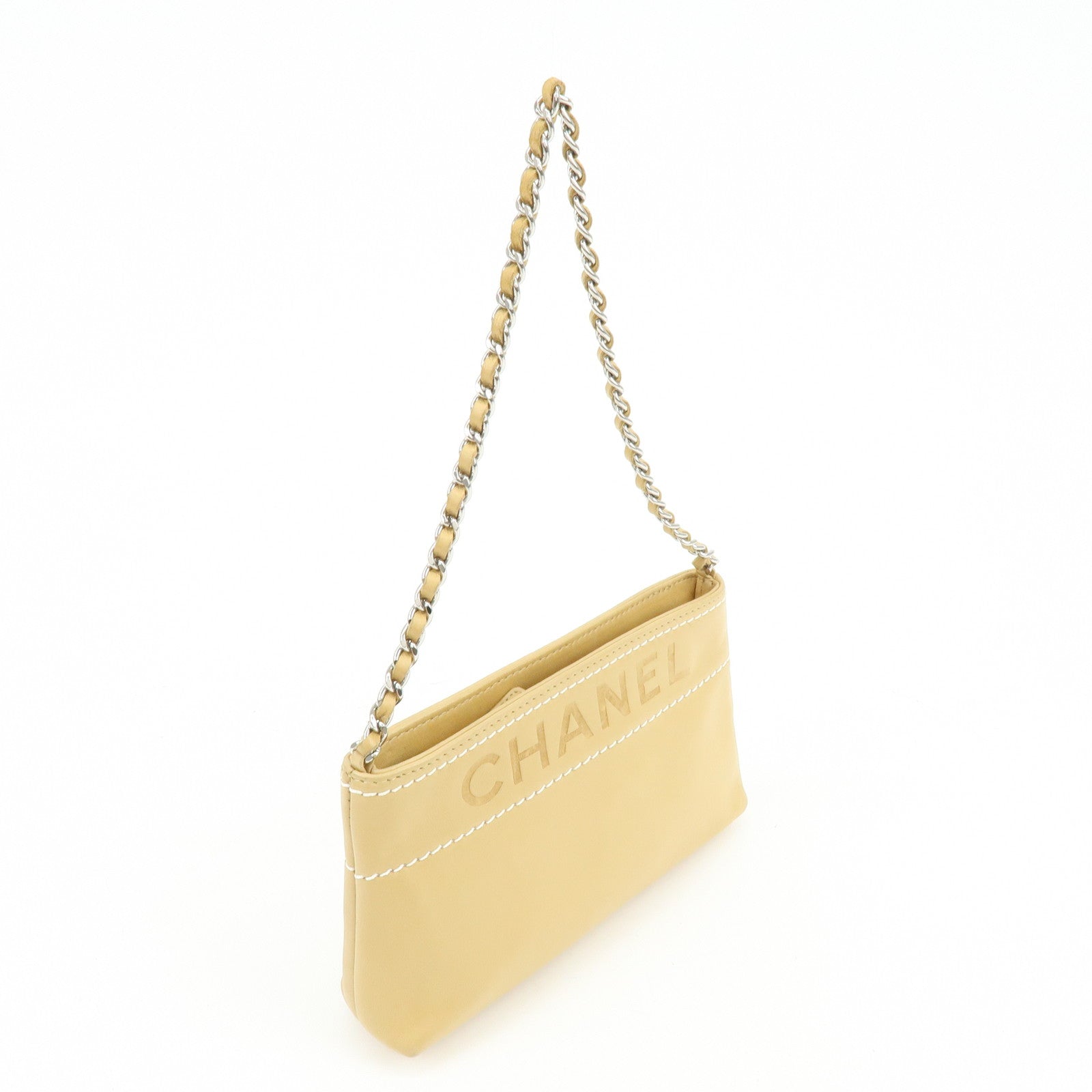 CHANEL Logo Lamb Skin Hand Bag Beige