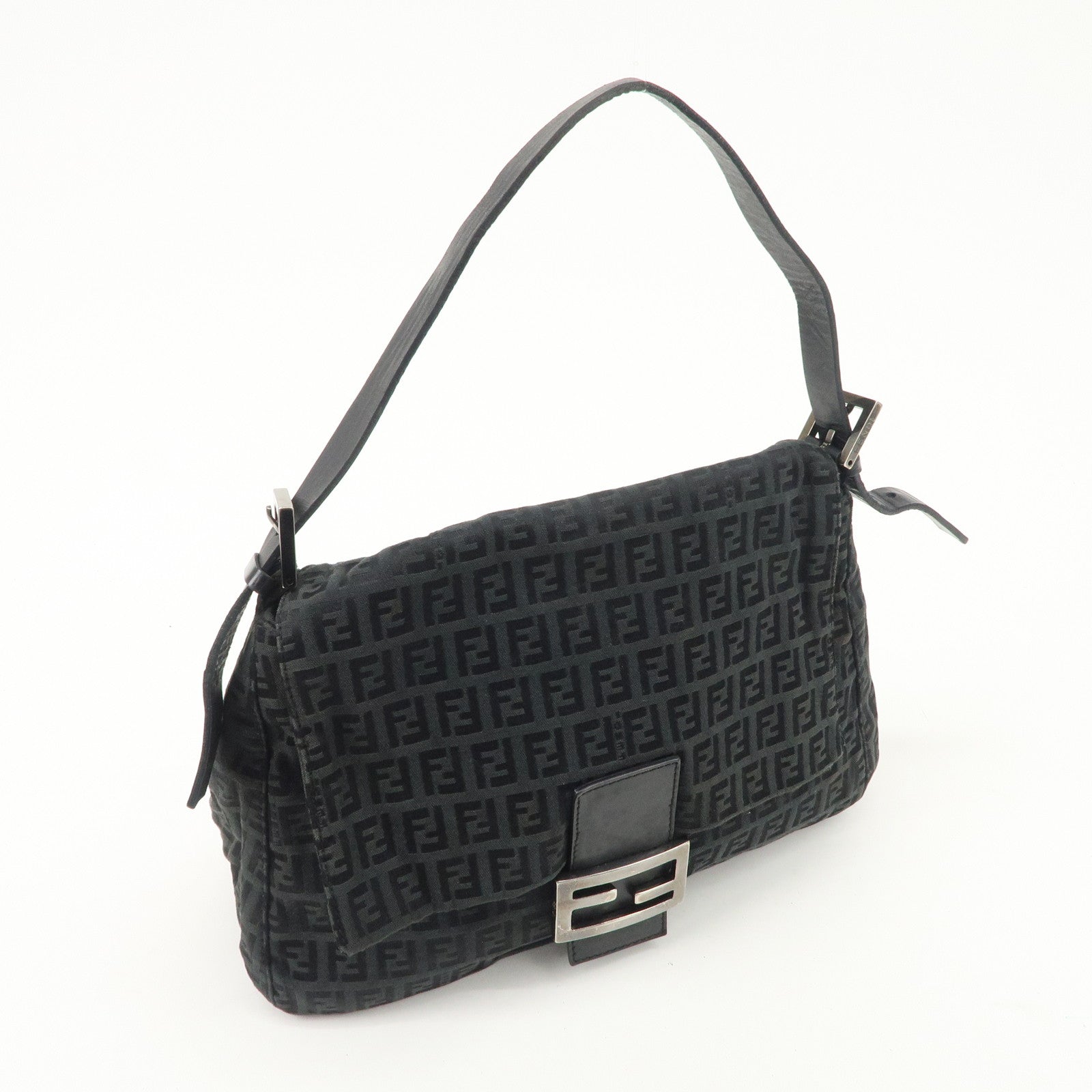 FENDI Mamma Baguette Zucchino Leather Canvas Shoulder Bag Black 8BR001 Used