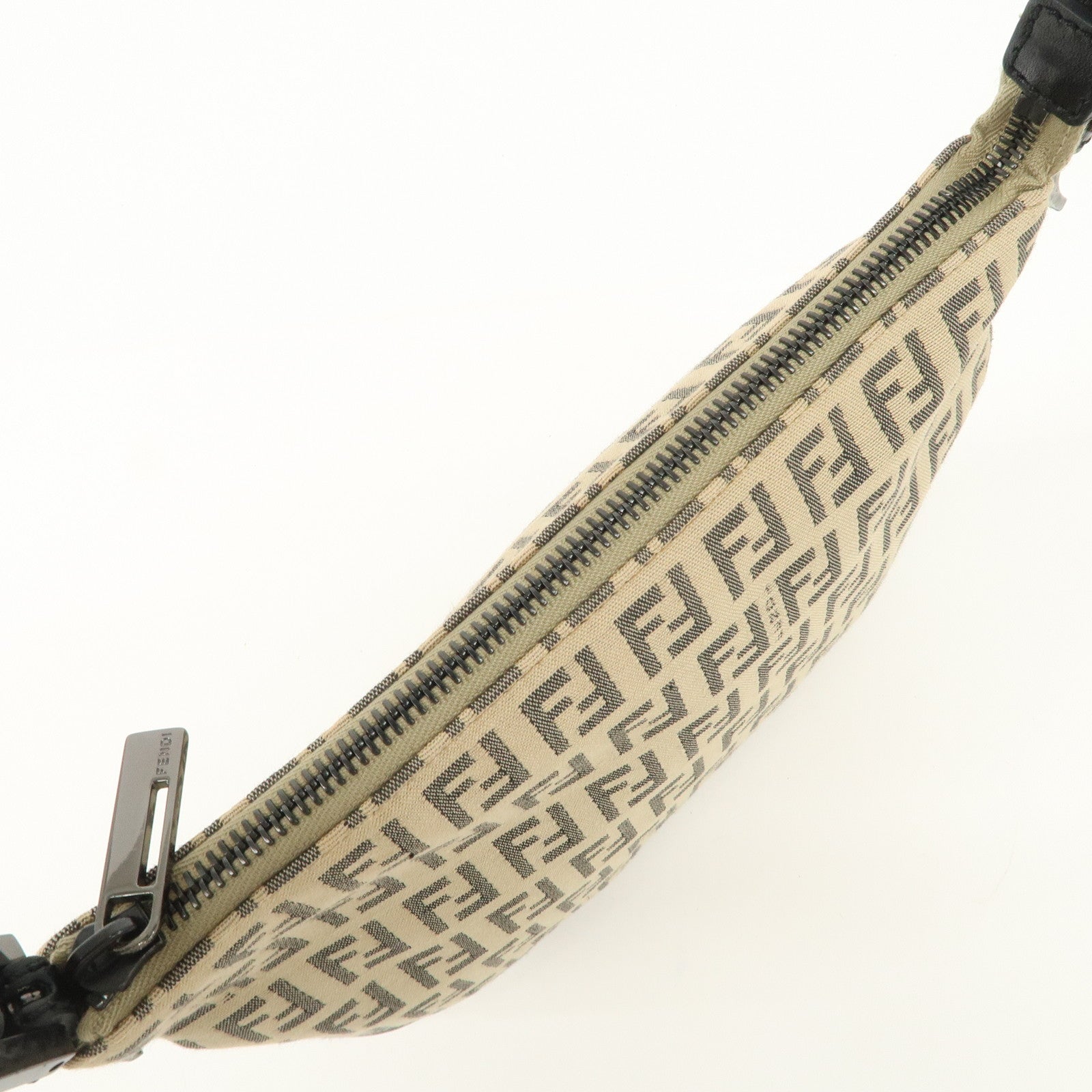 FENDI Zucchino Canvas Leather Shoulder Bag Beige Black 8BR312